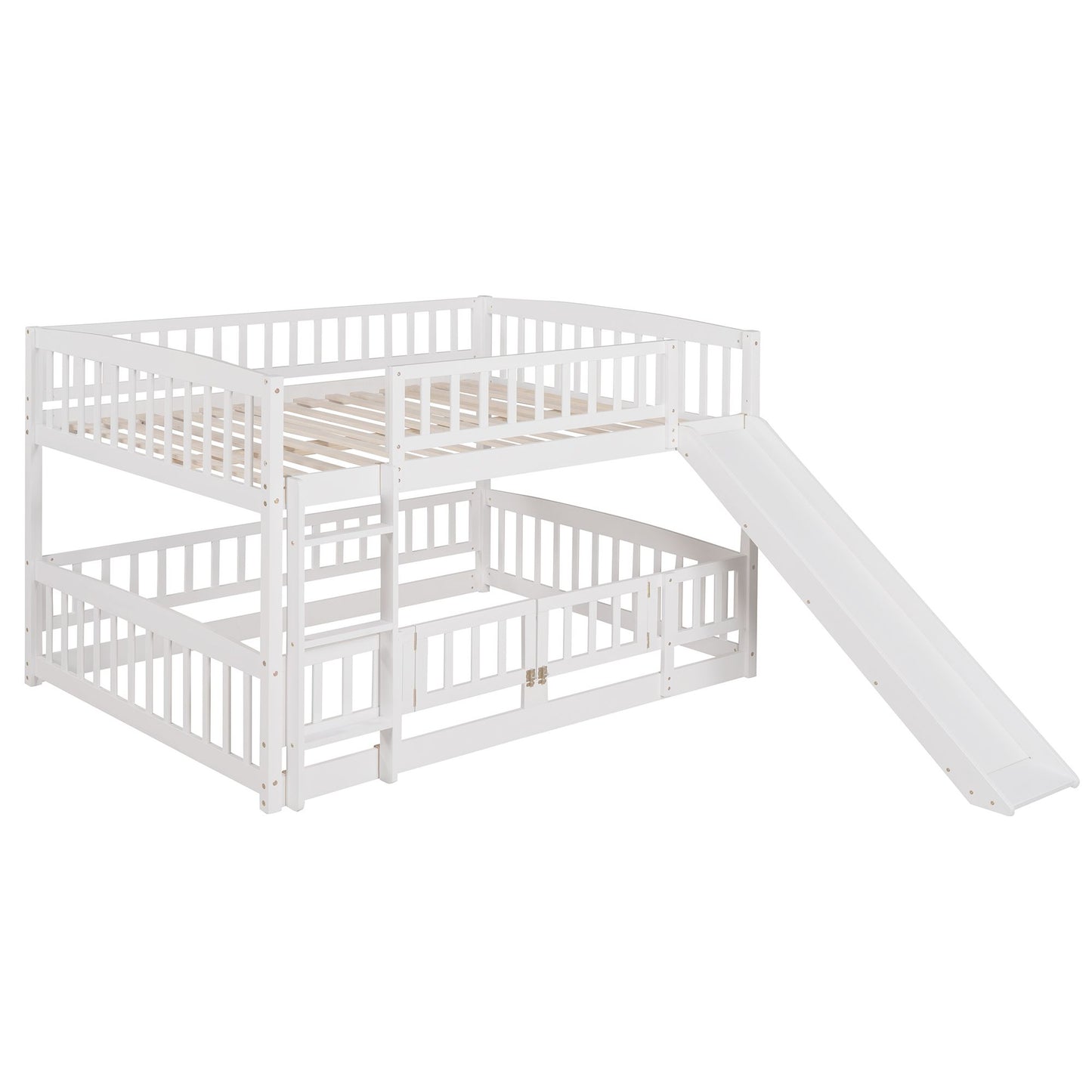 Full Over Full Low Bunk Bed with Fence and Ladder | Twin Bunk Beds for Kids