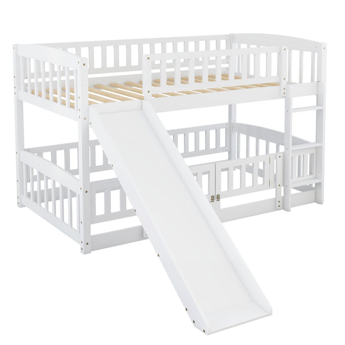 Twin Over Twin Low Bunk Bed with Fence and Ladder for Toddler Kids Teens