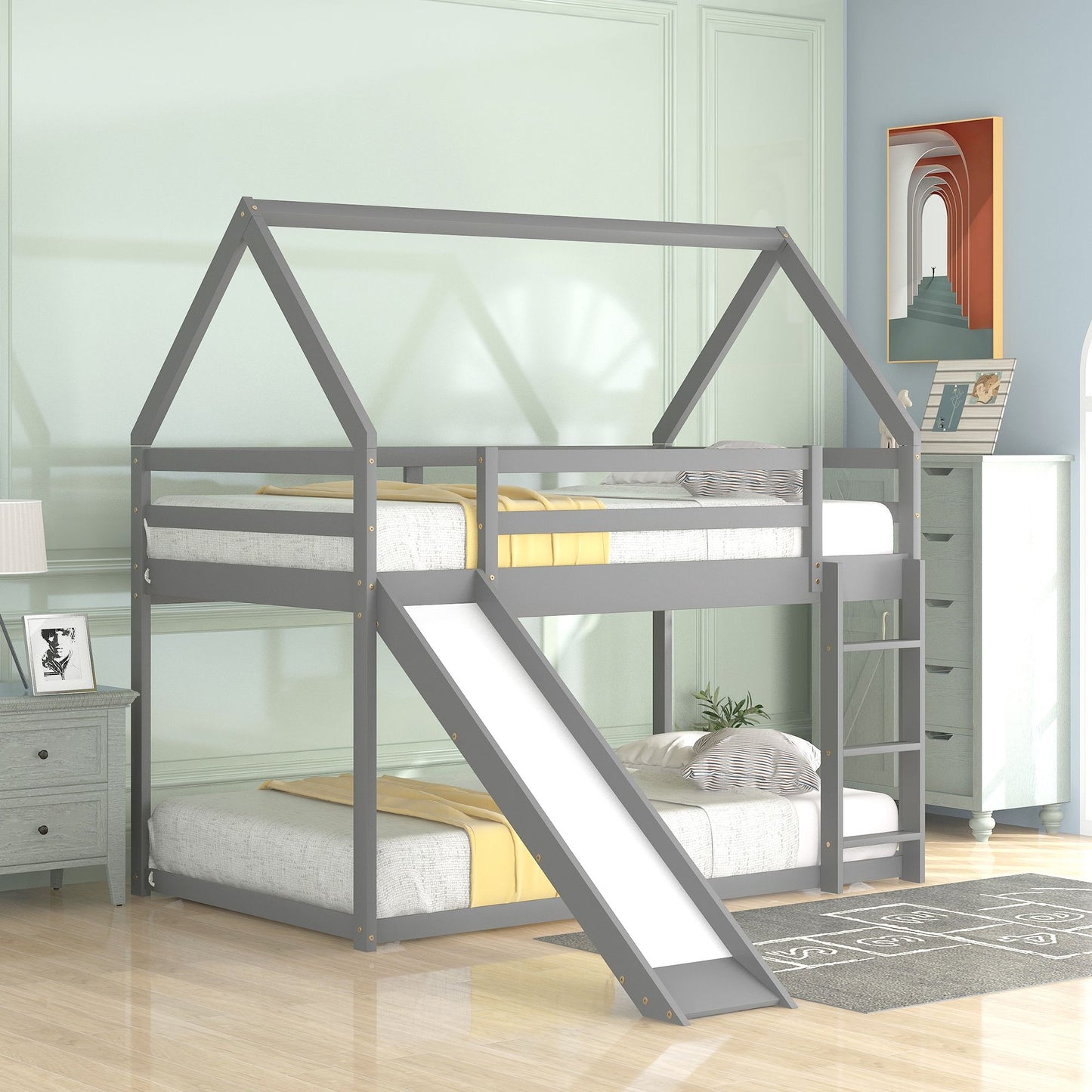 Twin Over Twin Low Bunk Bed with Ladder | Twin Bunk Beds for Kids