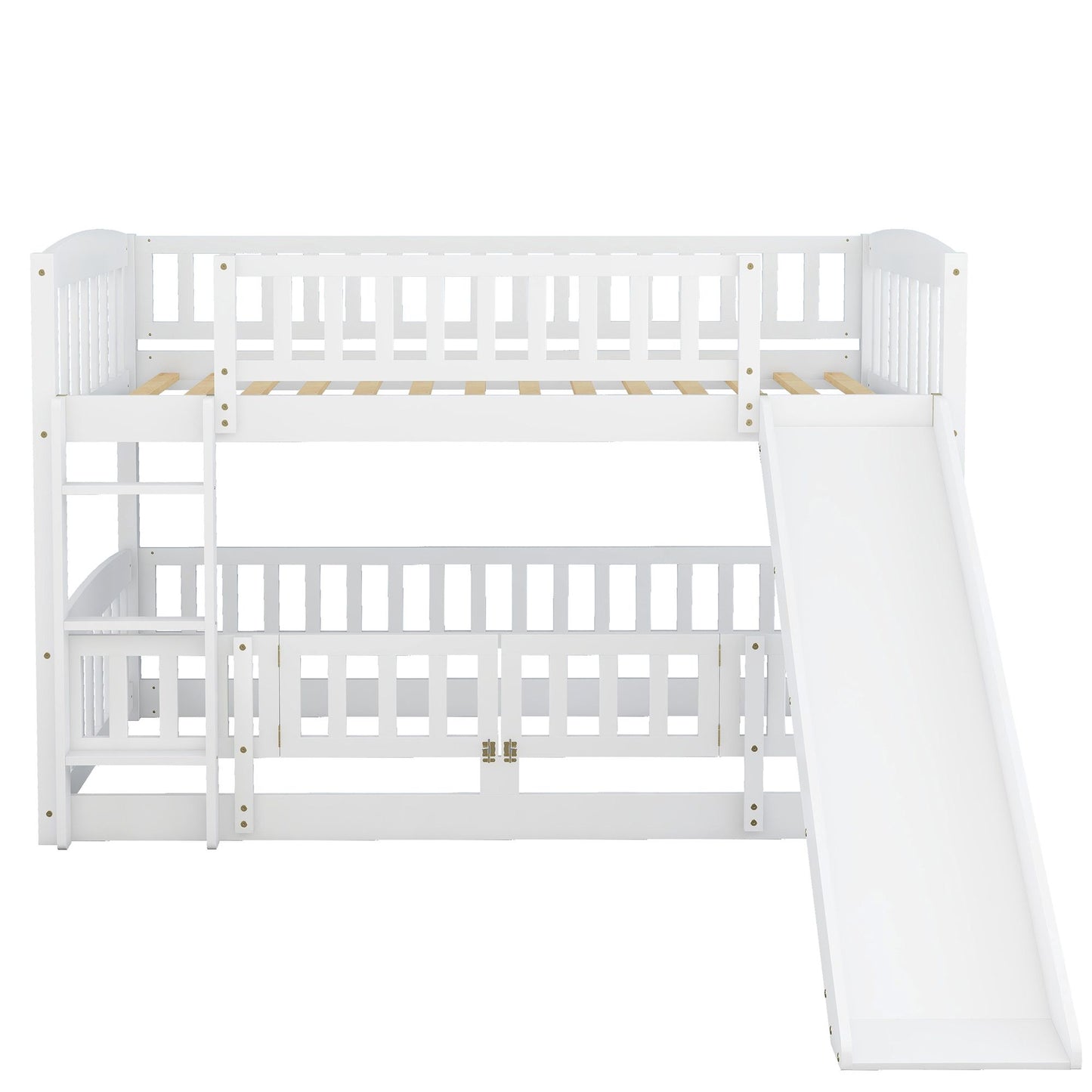 Twin Over Twin Low Bunk Bed with Fence and Ladder for Toddler Kids Teens
