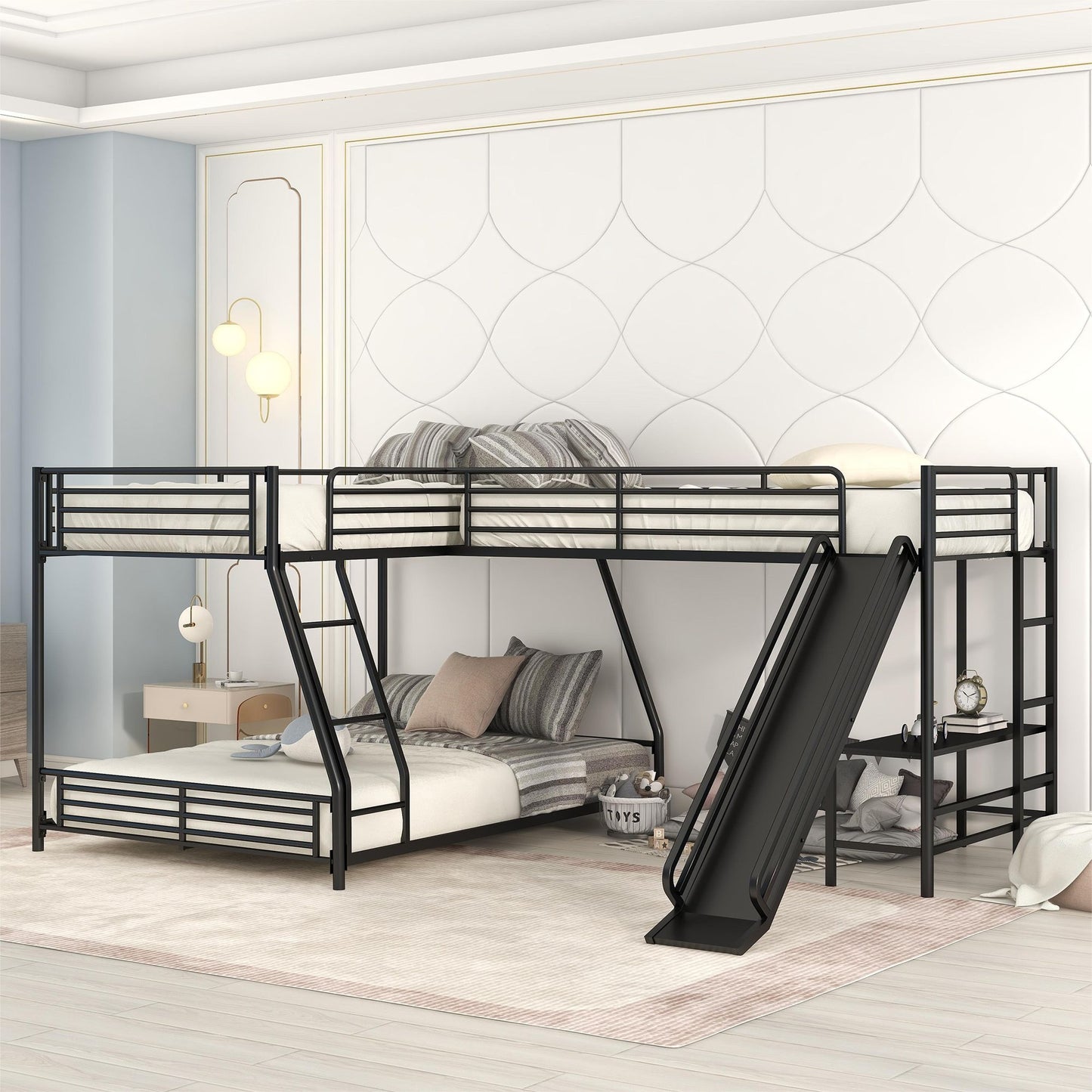 L-Shaped Twin over Full Bunk Bed with Twin Size Loft Bed | Built-in Desk and Slide | Twin Bunk Beds for Kids