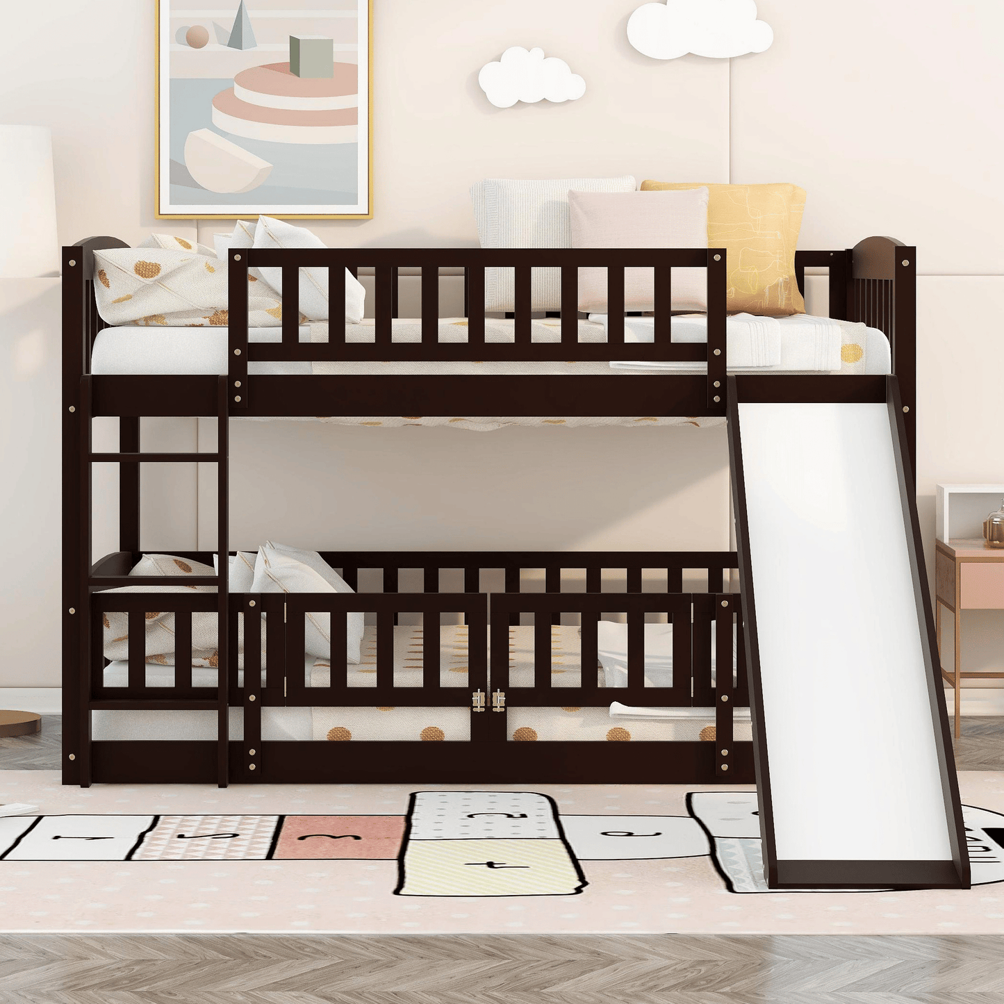 Twin Over Twin Low Bunk Bed with Fence and Ladder for Toddler Kids Teens