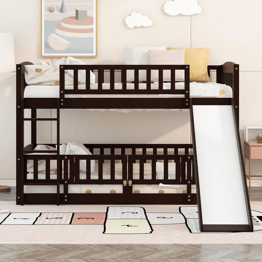 Twin Over Twin Low Bunk Bed with Fence and Ladder for Toddler Kids Teens