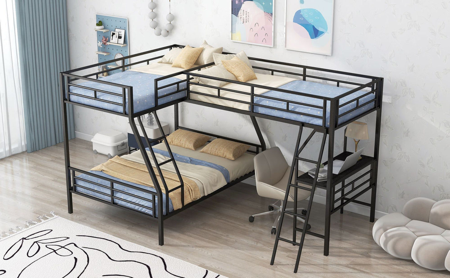 Twin over Full Bunk Bed with Attached Twin Loft Bed and Desk | Twin Bunk Beds for Kids