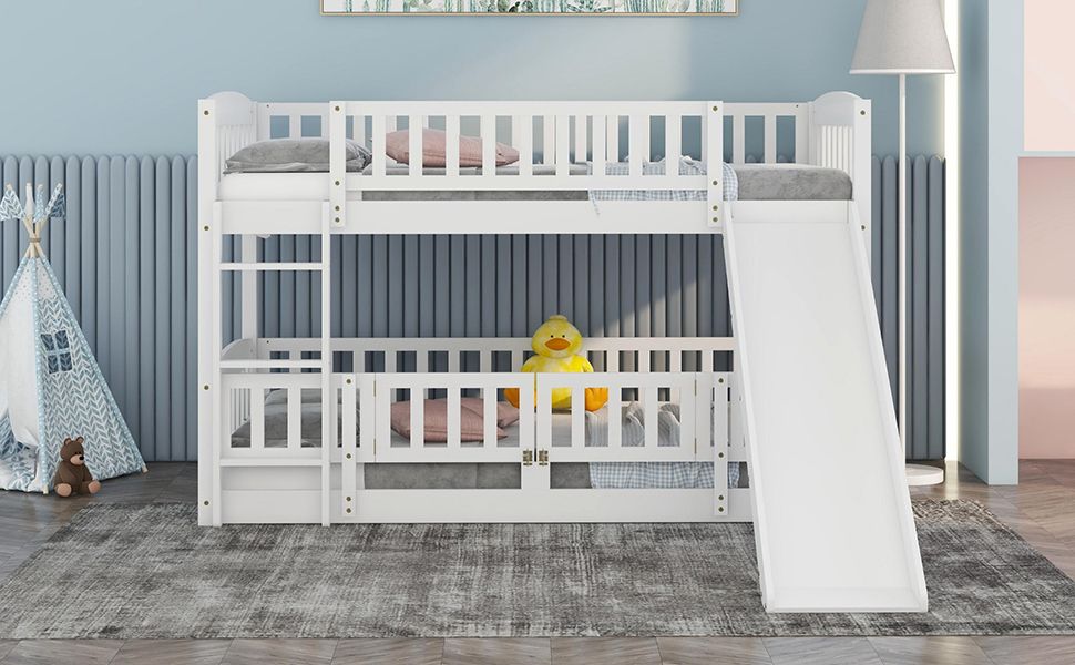 Twin Over Twin Low Bunk Bed with Fence and Ladder for Toddler Kids Teens