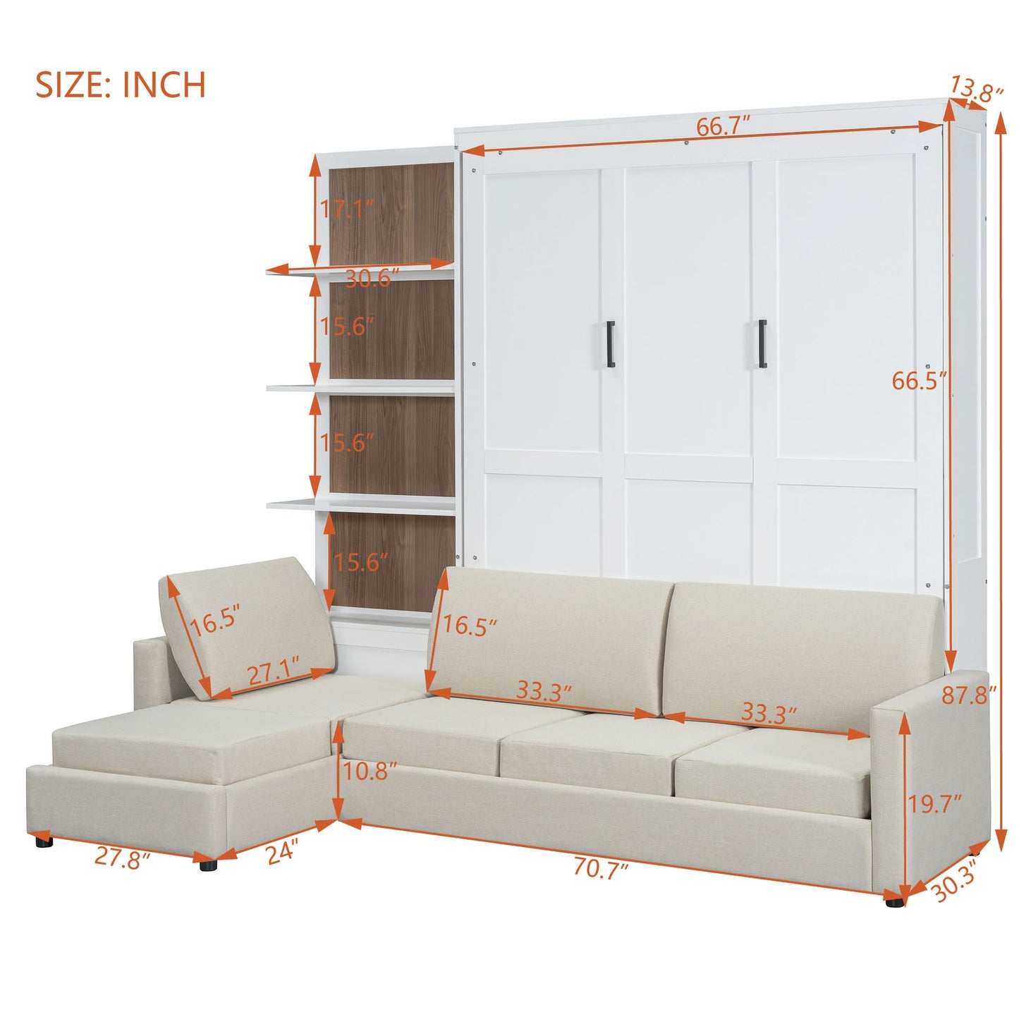 Queen Size Murphy Bed | with Sofa and Shelves