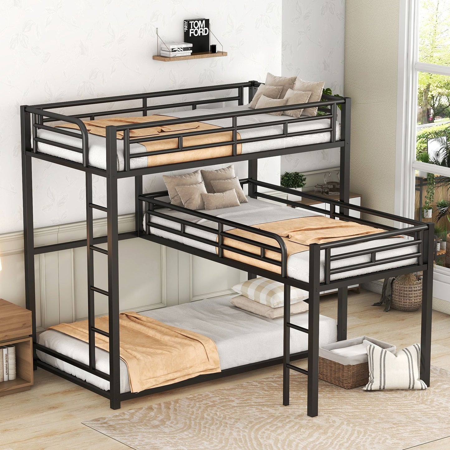 L-shaped Metal Triple Twin Size Bunk Bed | Twin Bunk Beds for Kids