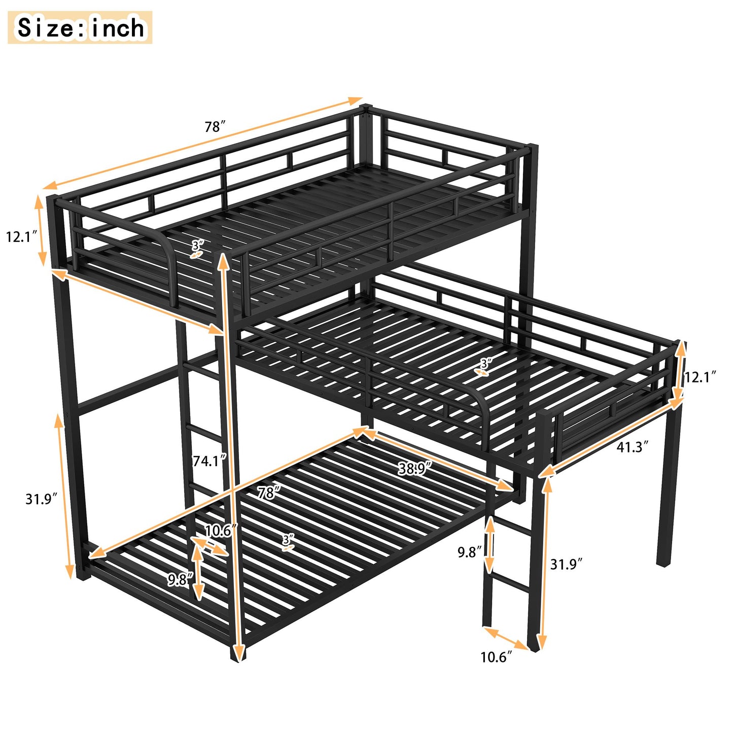 L-shaped Metal Triple Twin Size Bunk Bed | Twin Bunk Beds for Kids