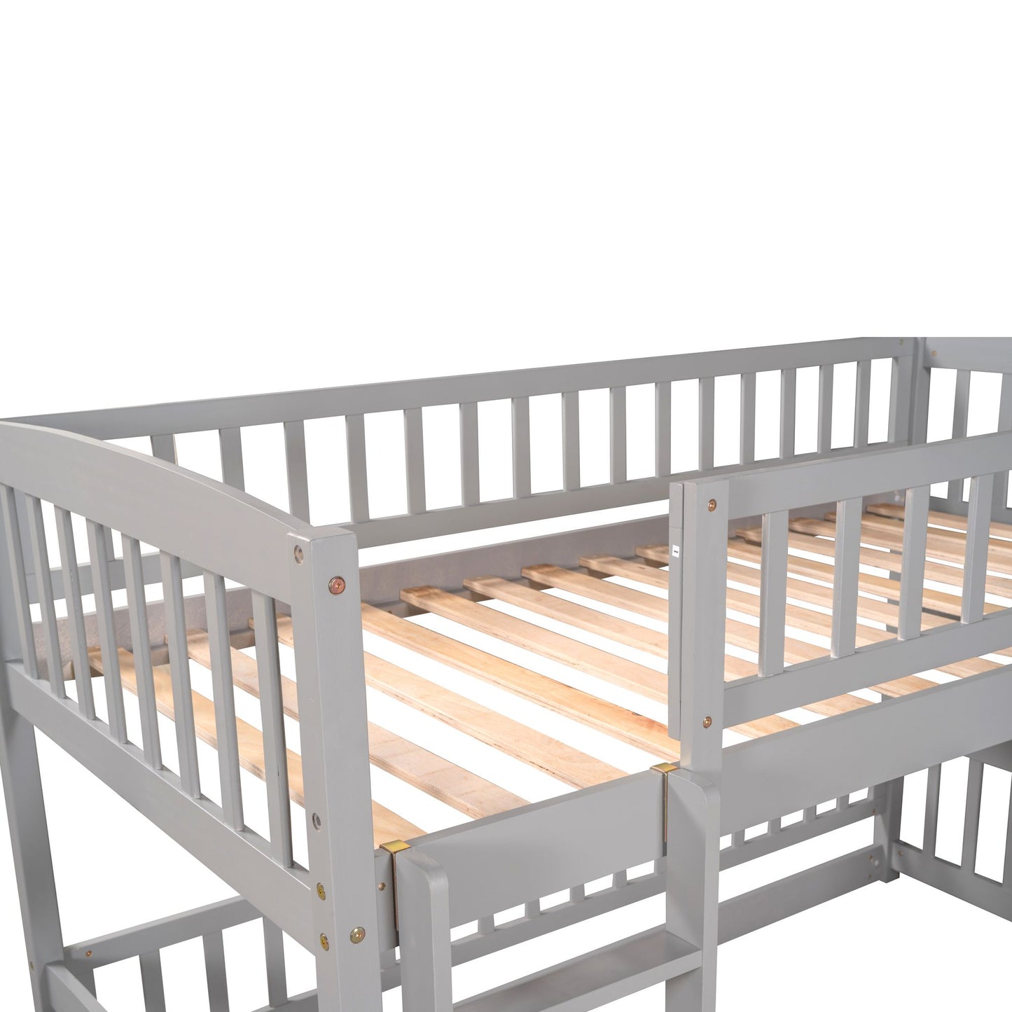 Twin Over Twin Low Bunk Bed with Fence and Ladder for Toddler Kids Teens