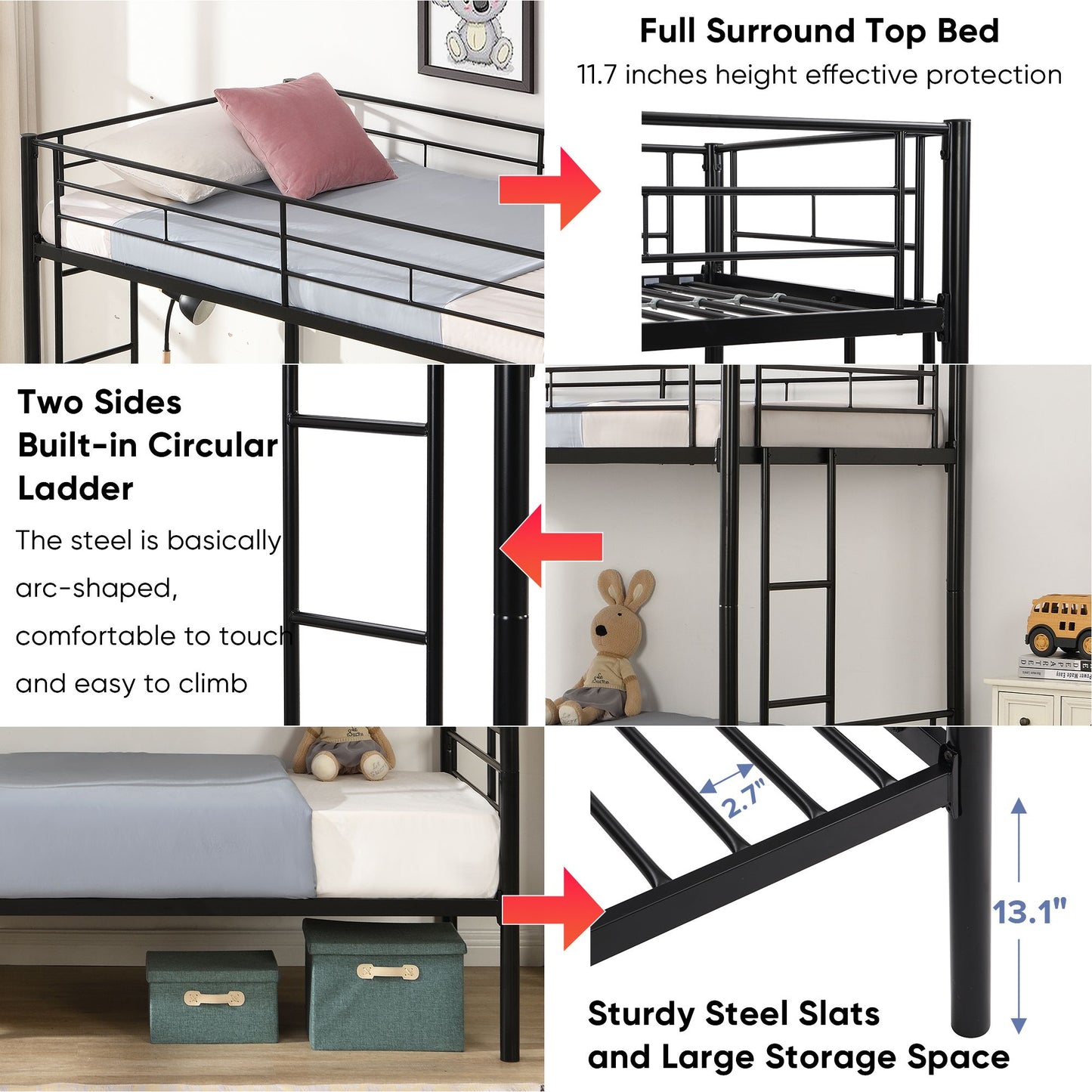 Bunk Bed Twin Over Twin Size with 2 Ladders and Full-Length Guardrail | Twin Bunk Beds for Kids