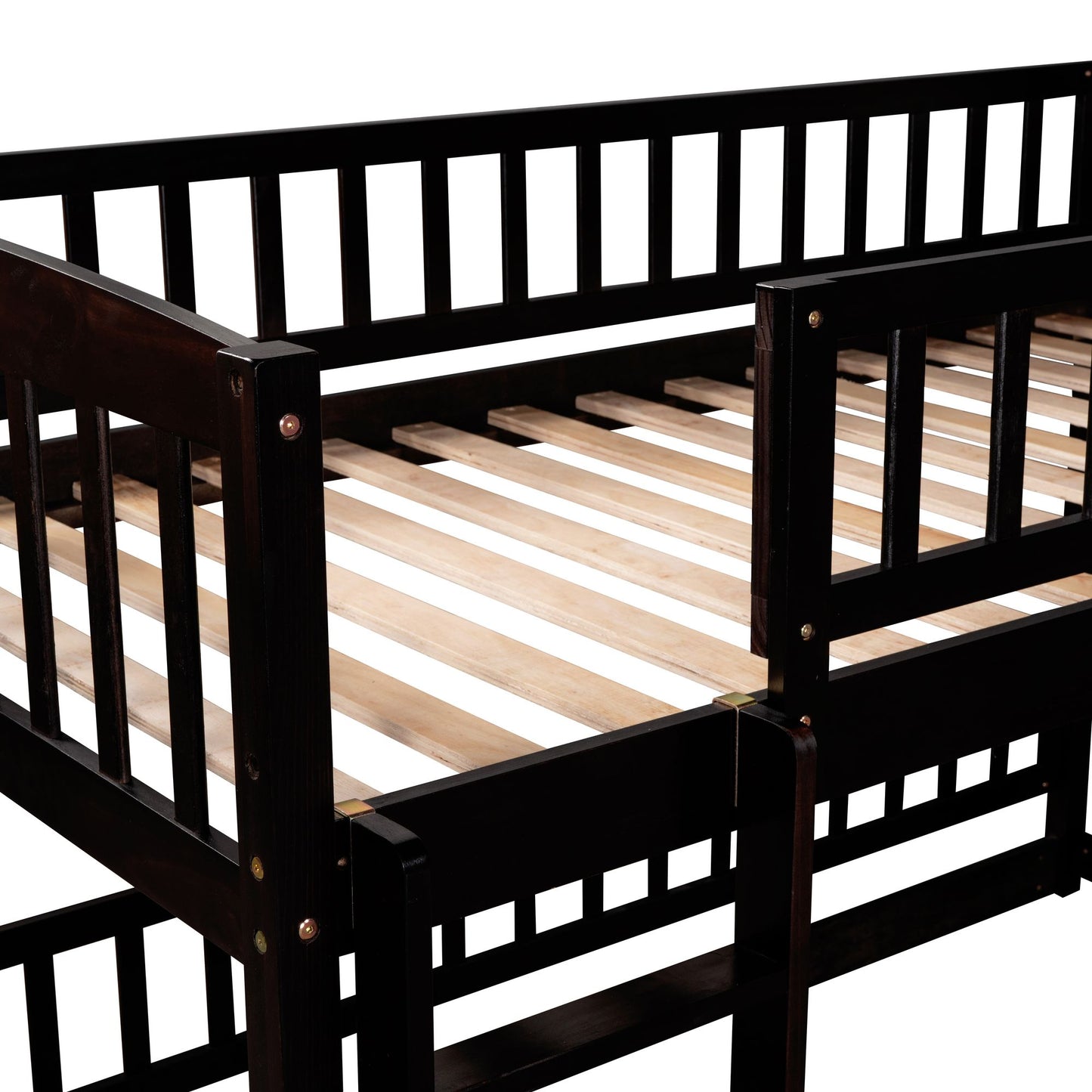 Twin Over Twin Low Bunk Bed with Fence and Ladder for Toddler Kids Teens