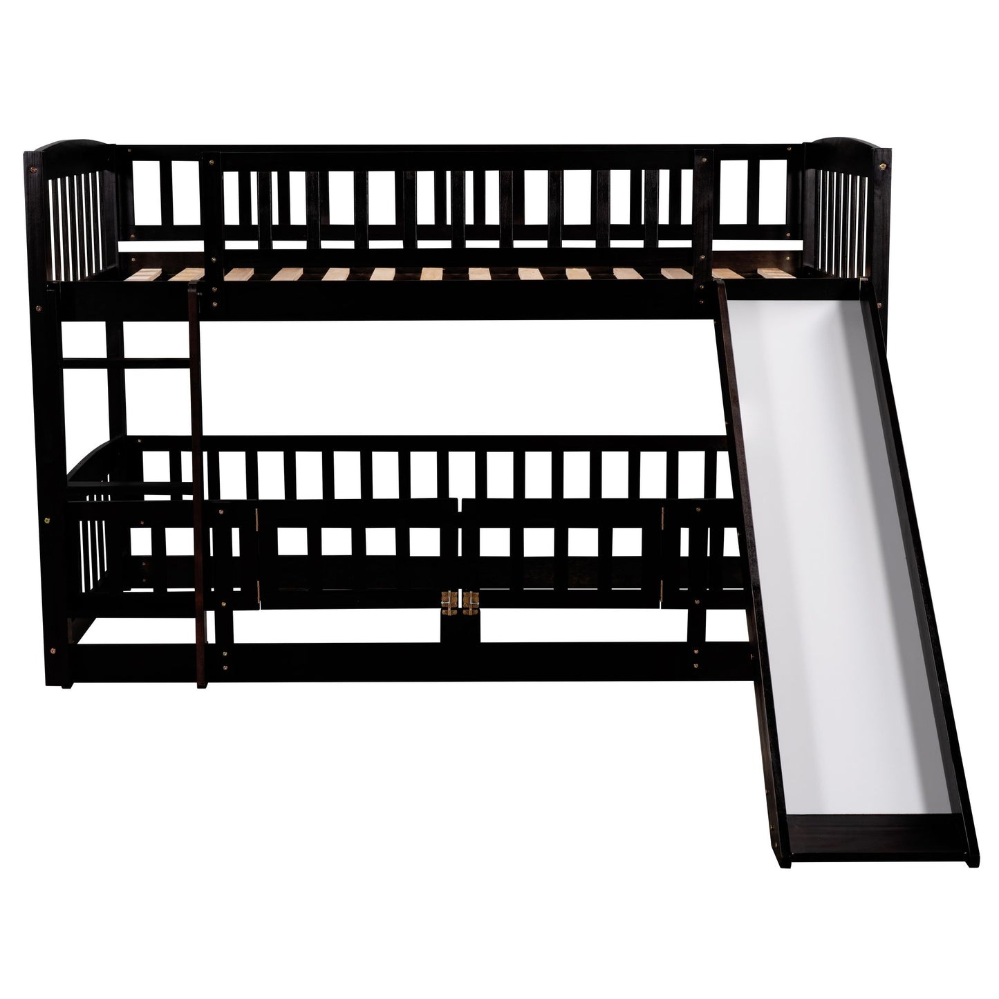 Twin Over Twin Low Bunk Bed with Fence and Ladder for Toddler Kids Teens