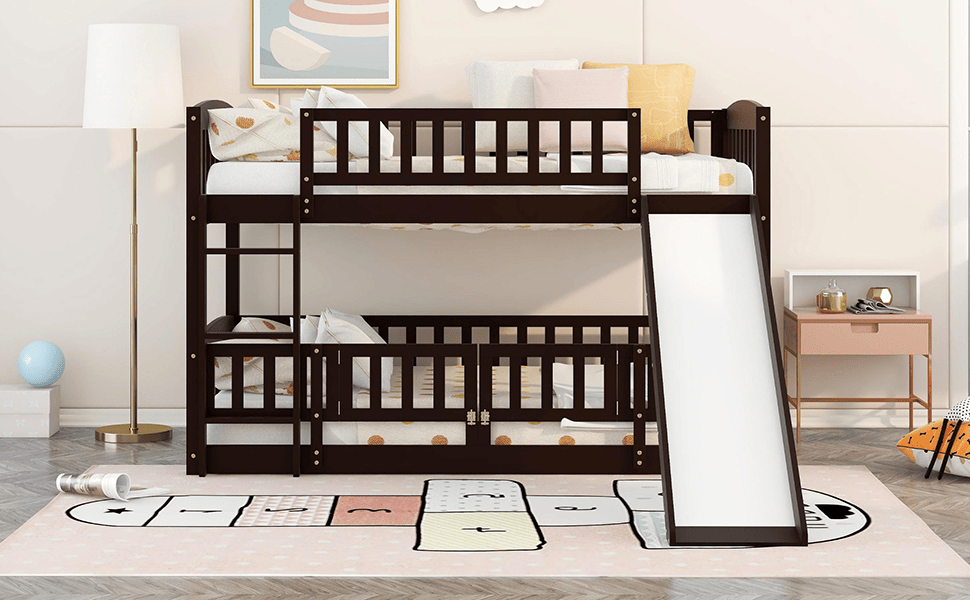 Twin Over Twin Low Bunk Bed with Fence and Ladder for Toddler Kids Teens