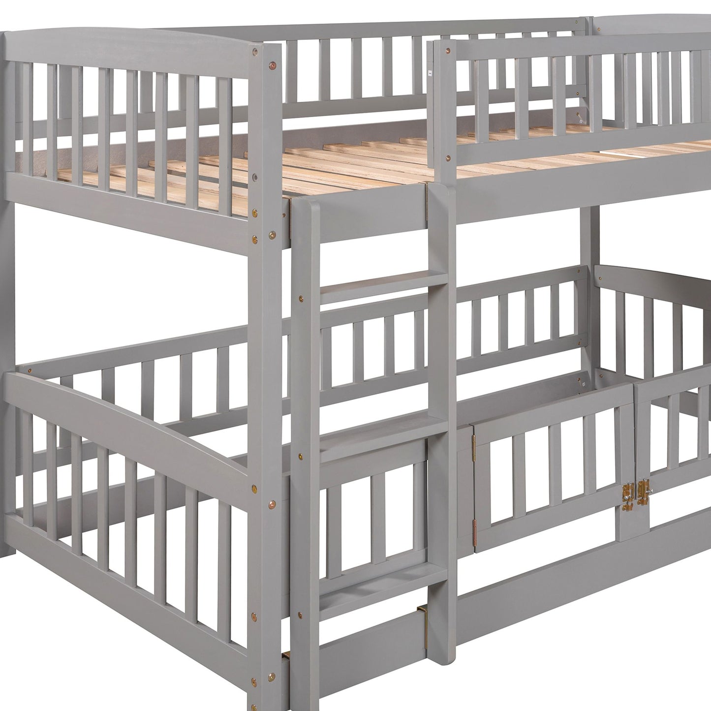 Twin Over Twin Low Bunk Bed with Fence and Ladder for Toddler Kids Teens