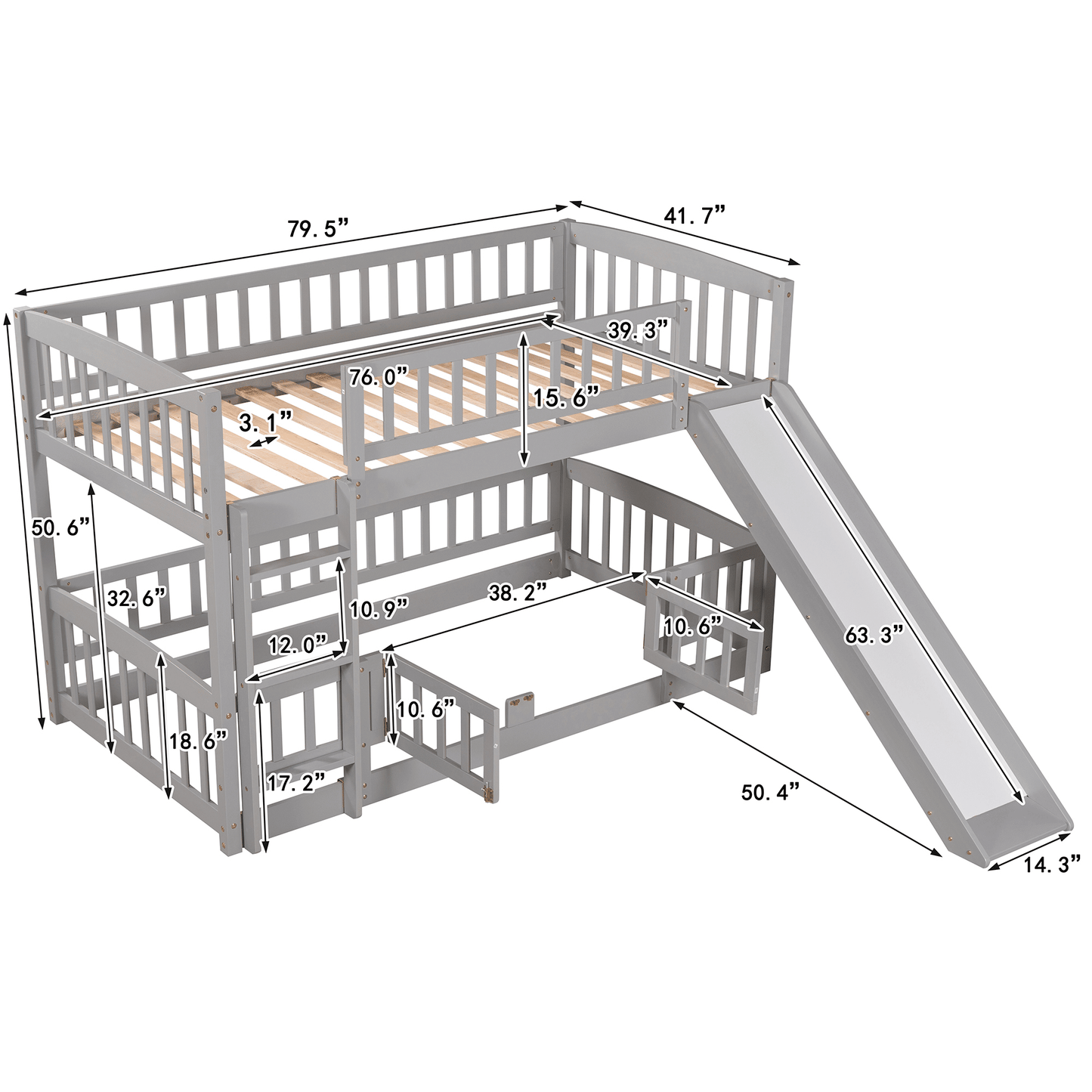 Twin Over Twin Low Bunk Bed with Fence and Ladder for Toddler Kids Teens