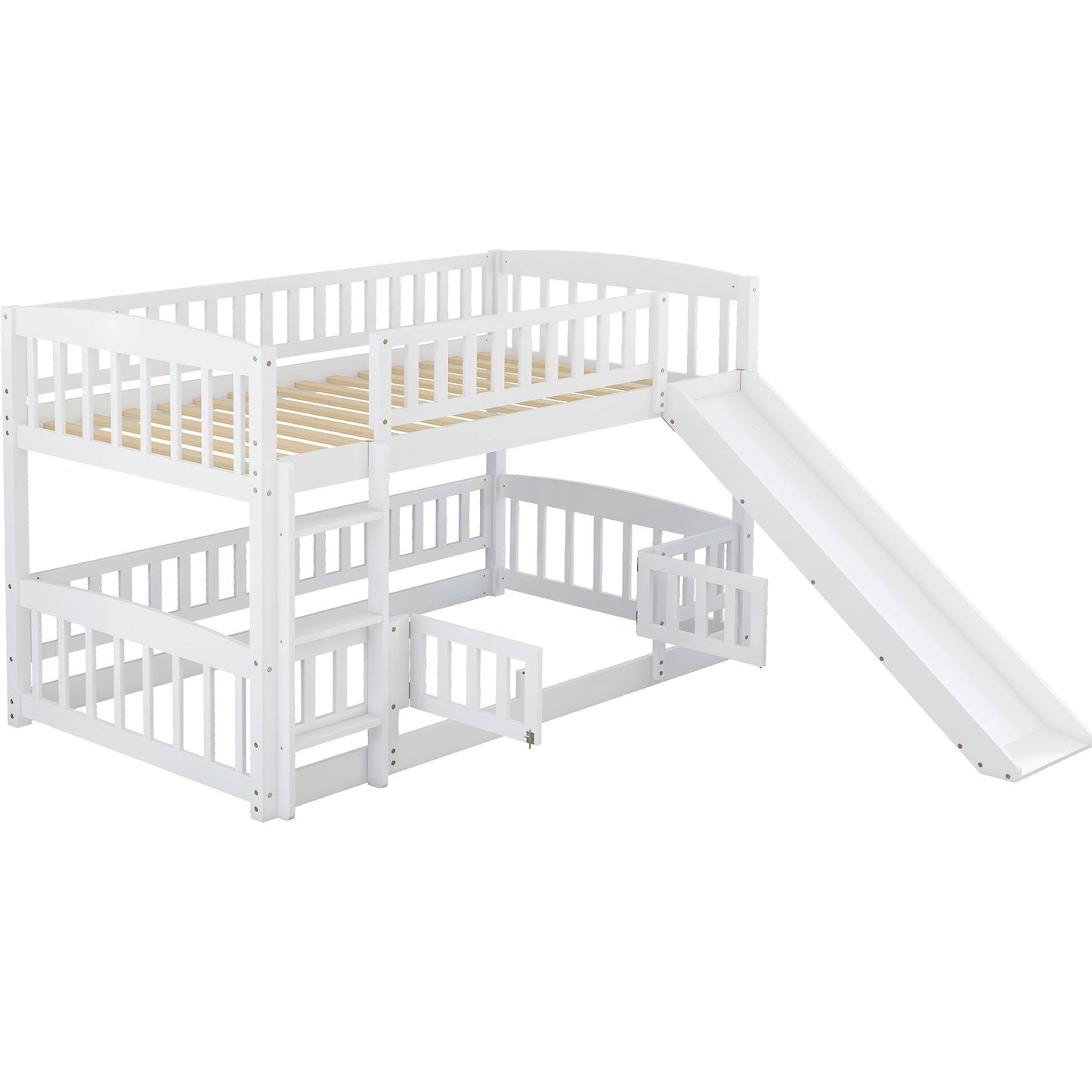 Twin Over Twin Low Bunk Bed with Fence and Ladder for Toddler Kids Teens