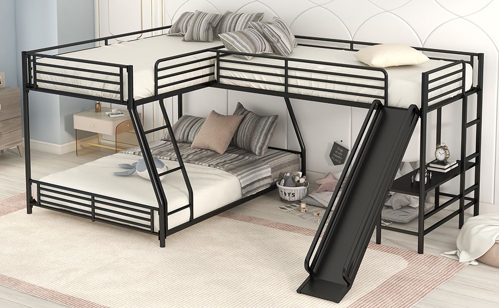 L-Shaped Twin over Full Bunk Bed with Twin Size Loft Bed | Built-in Desk and Slide | Twin Bunk Beds for Kids