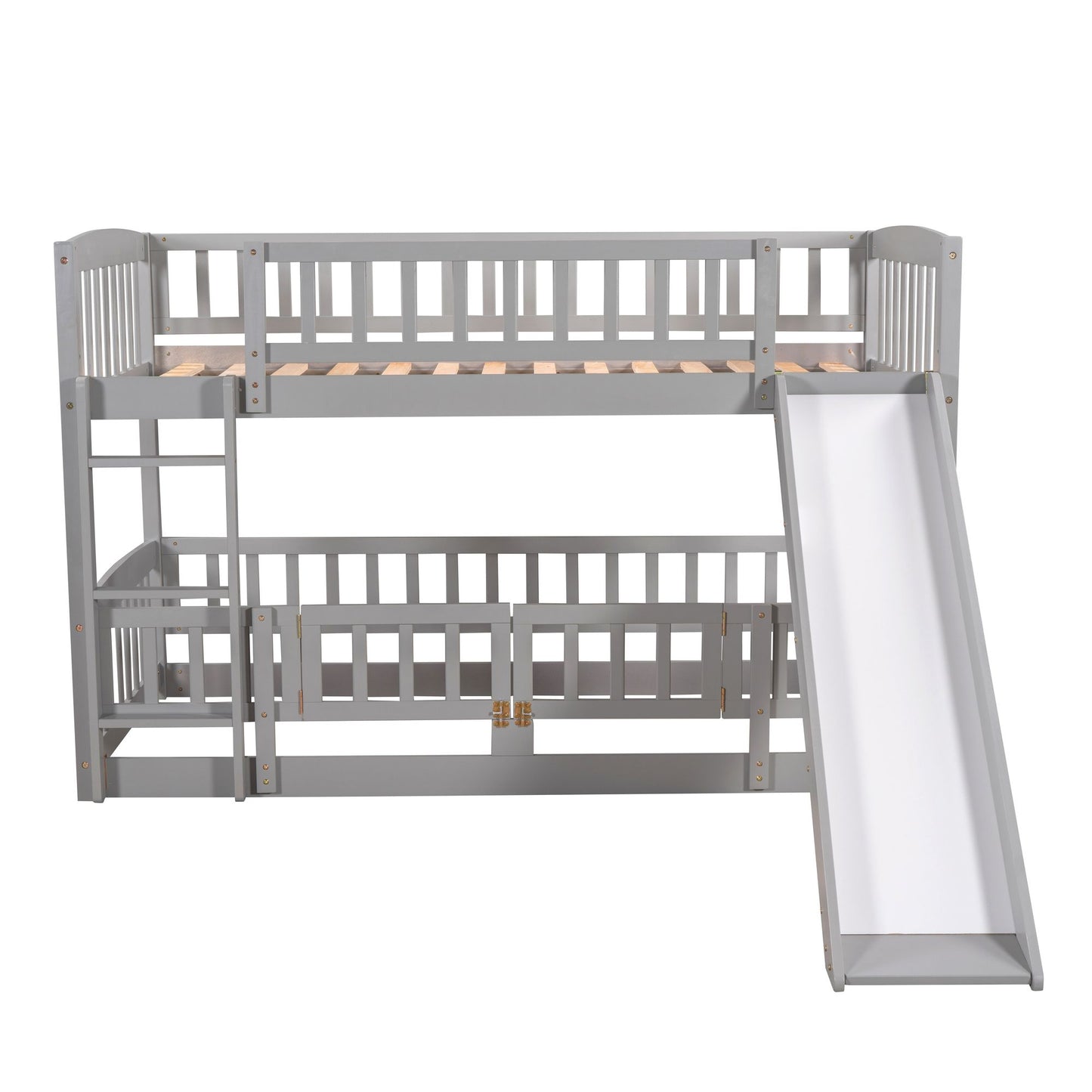 Twin Over Twin Low Bunk Bed with Fence and Ladder for Toddler Kids Teens