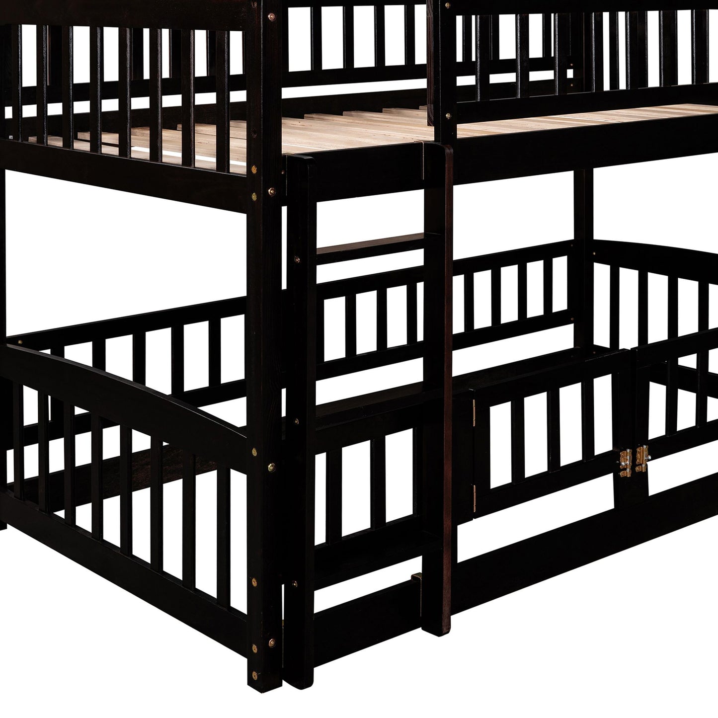 Twin Over Twin Low Bunk Bed with Fence and Ladder for Toddler Kids Teens