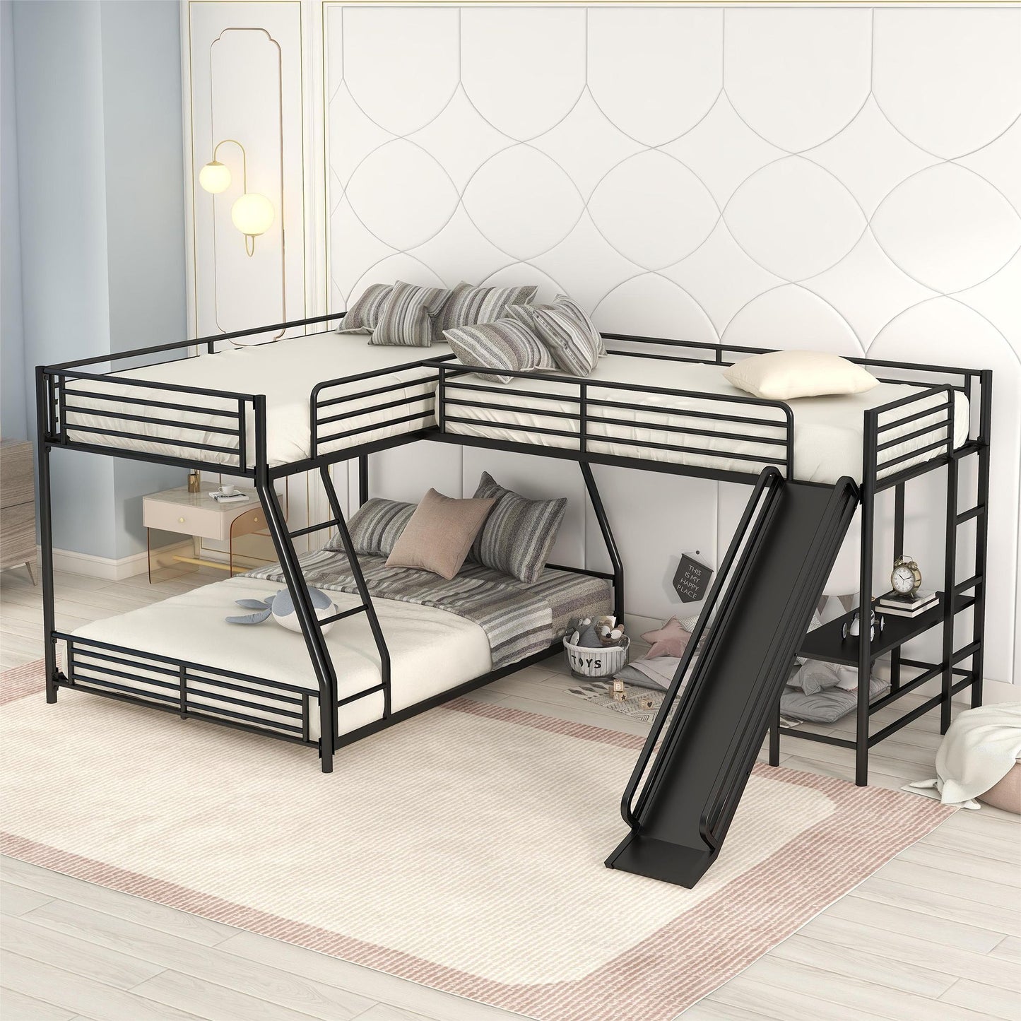 L-Shaped Twin over Full Bunk Bed with Twin Size Loft Bed | Built-in Desk and Slide | Twin Bunk Beds for Kids