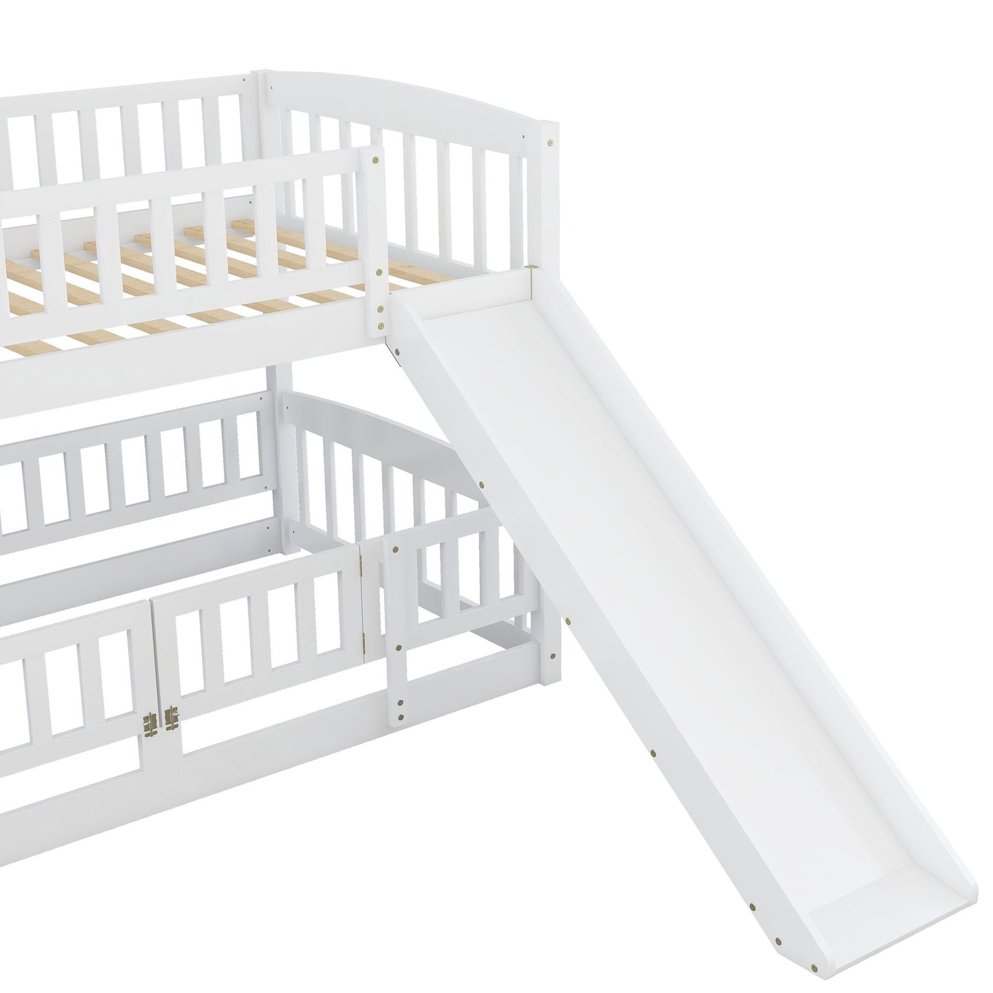 Twin Over Twin Low Bunk Bed with Fence and Ladder for Toddler Kids Teens