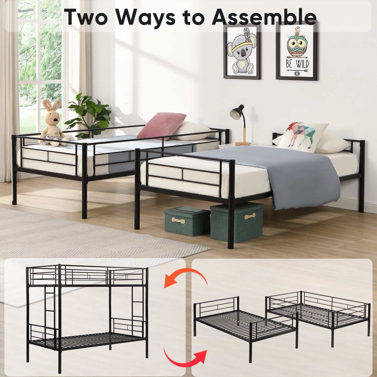 Bunk Bed Twin Over Twin Size with 2 Ladders and Full-Length Guardrail | Twin Bunk Beds for Kids