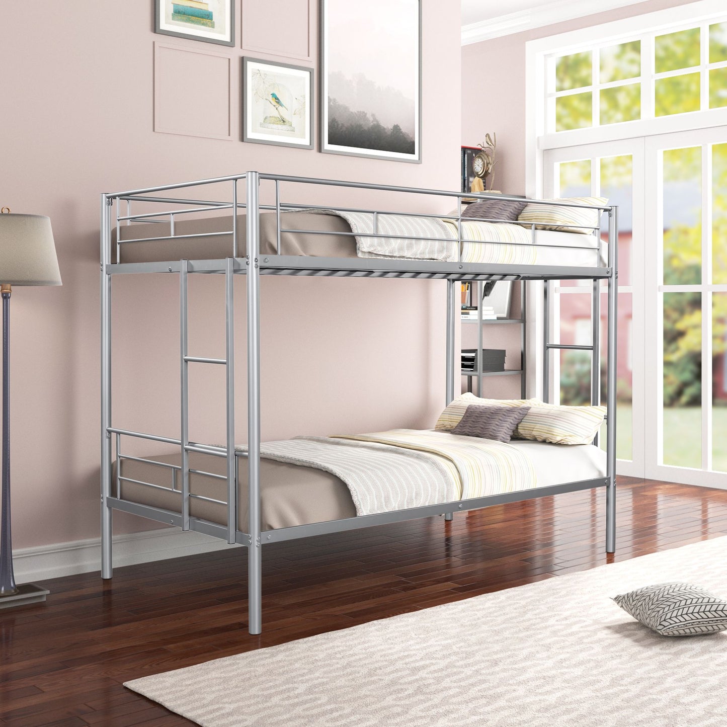 Twin Over Twin House Bunk Bed | Metal Bed Frame with Built-in Ladder