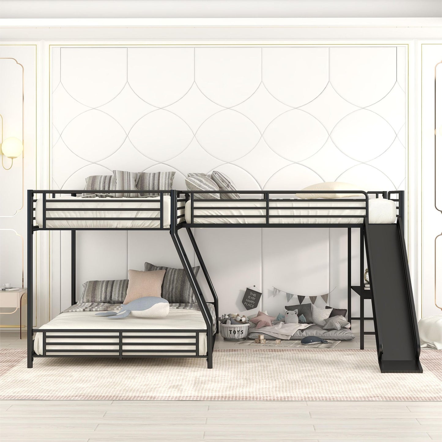 L-Shaped Twin over Full Bunk Bed with Twin Size Loft Bed | Built-in Desk and Slide | Twin Bunk Beds for Kids