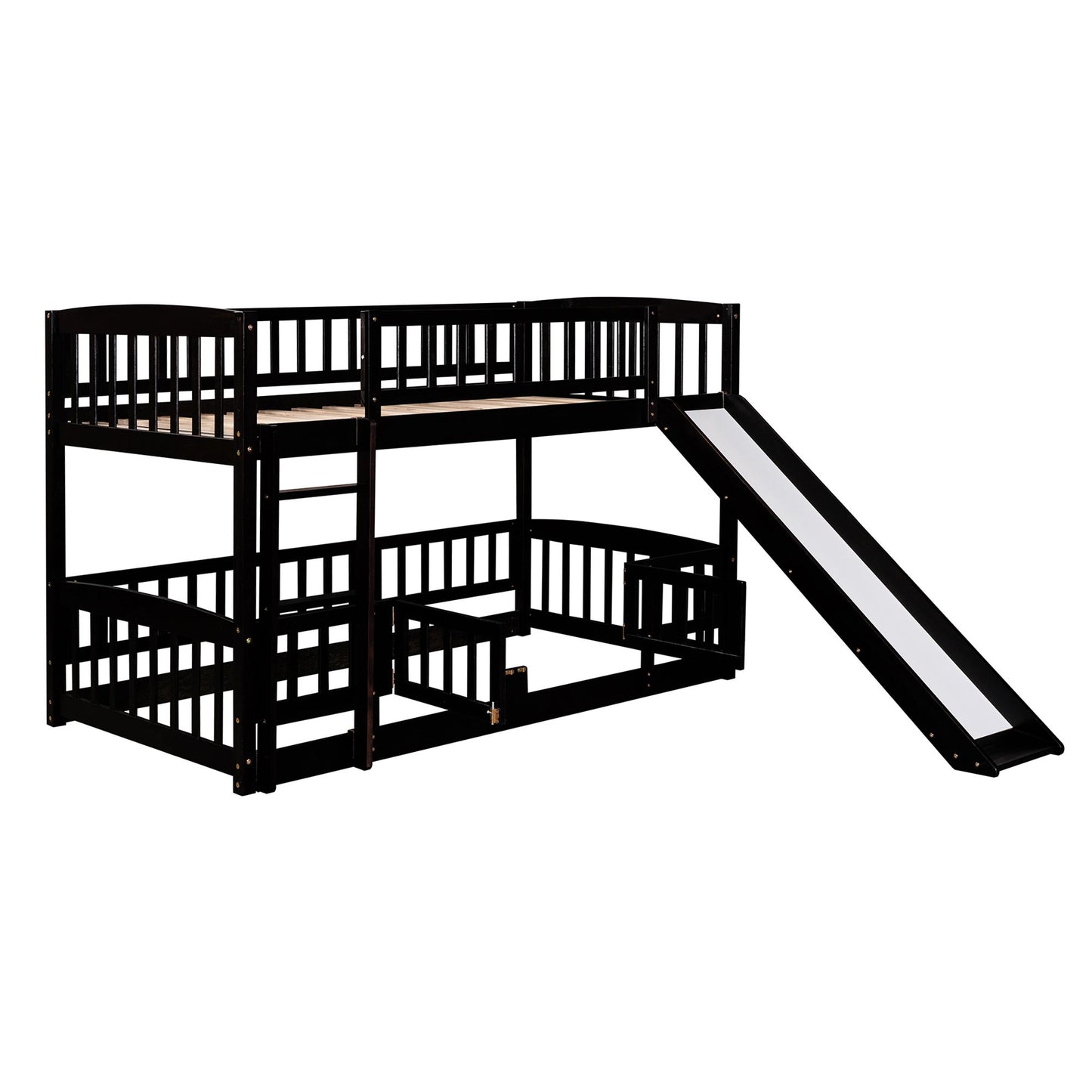 Twin Over Twin Low Bunk Bed with Fence and Ladder for Toddler Kids Teens