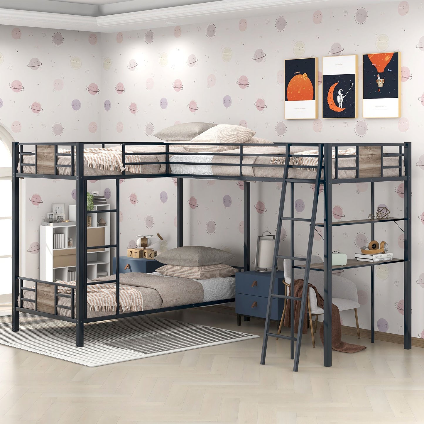 L Shape Bunk Bed Twin over Twin Bunk Bed with Desk and Shelf | Twin Bunk Beds for Kids