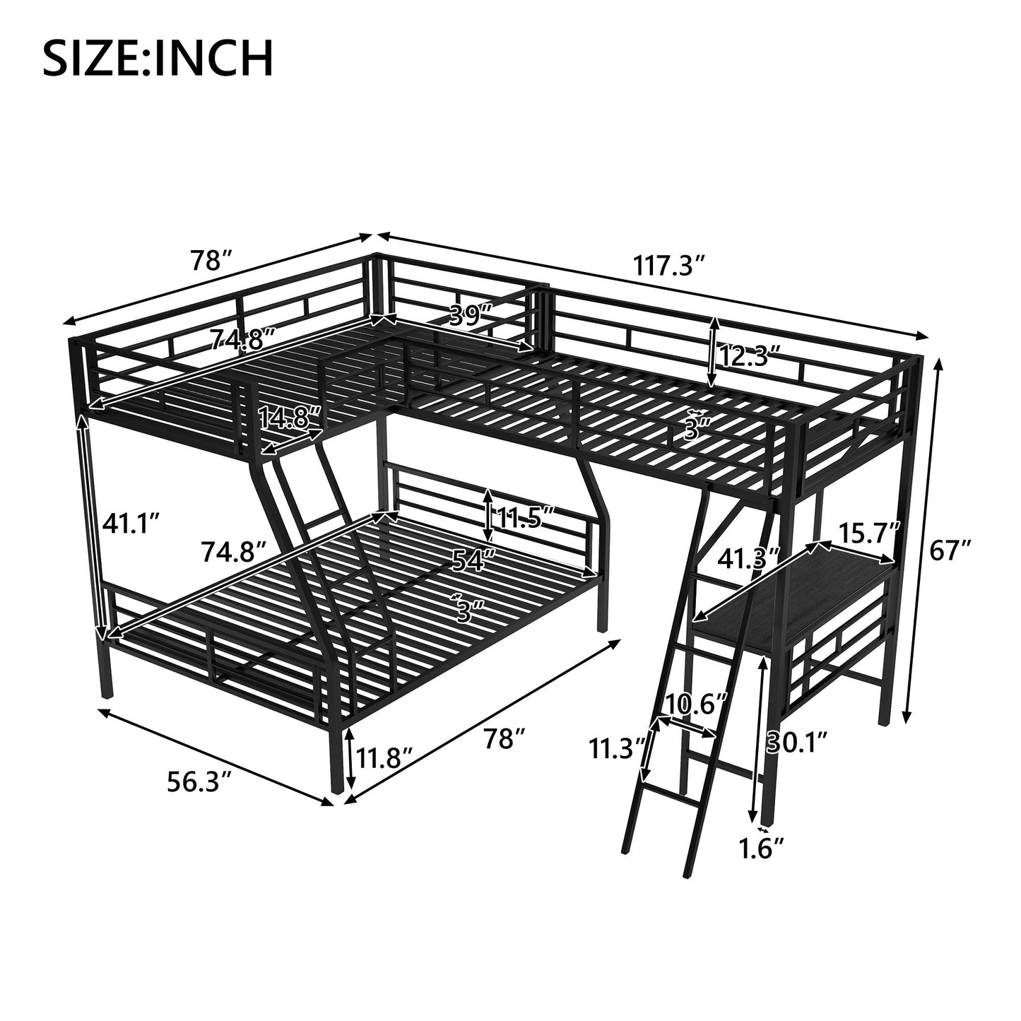 Twin over Full Bunk Bed with Attached Twin Loft Bed and Desk | Twin Bunk Beds for Kids