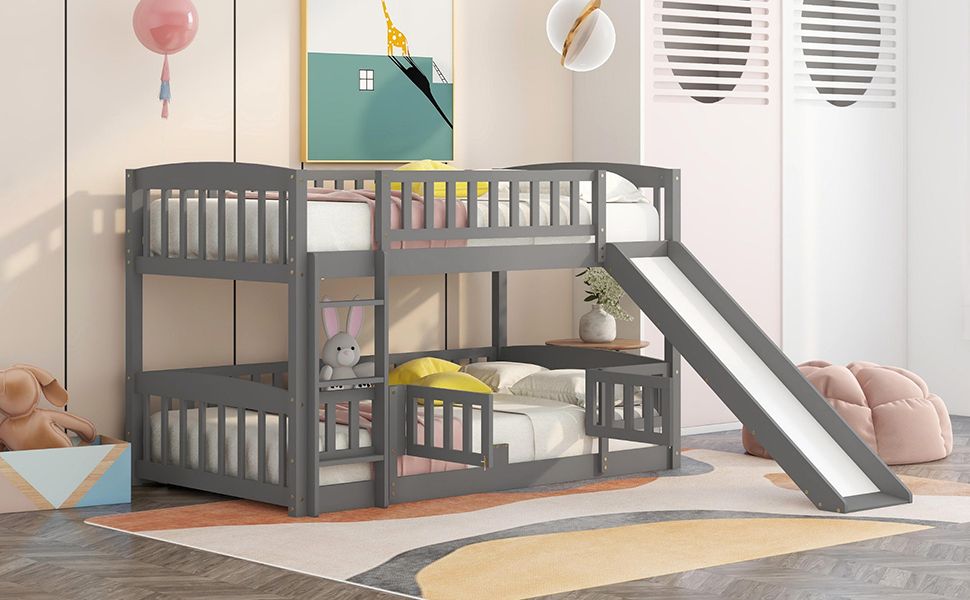 Twin Over Twin Low Bunk Bed with Fence and Ladder for Toddler Kids Teens