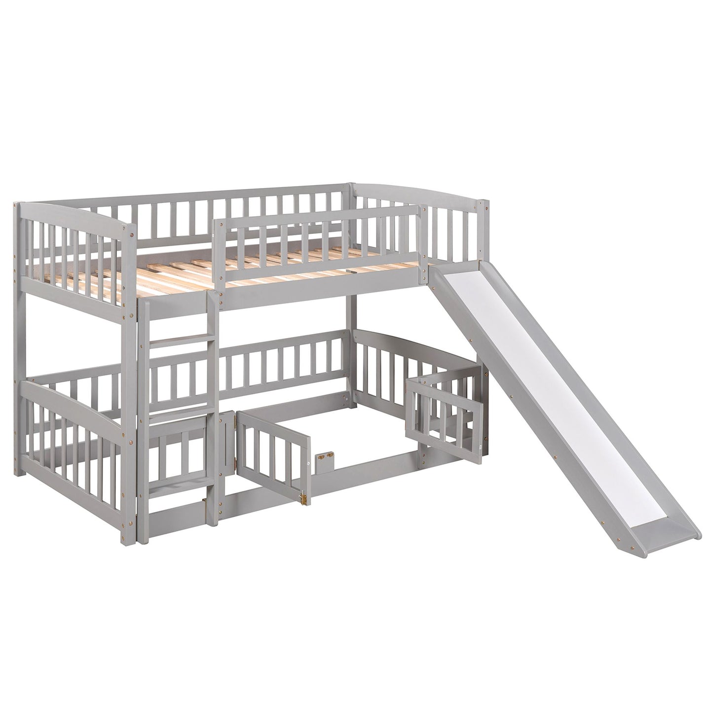 Twin Over Twin Low Bunk Bed with Fence and Ladder for Toddler Kids Teens