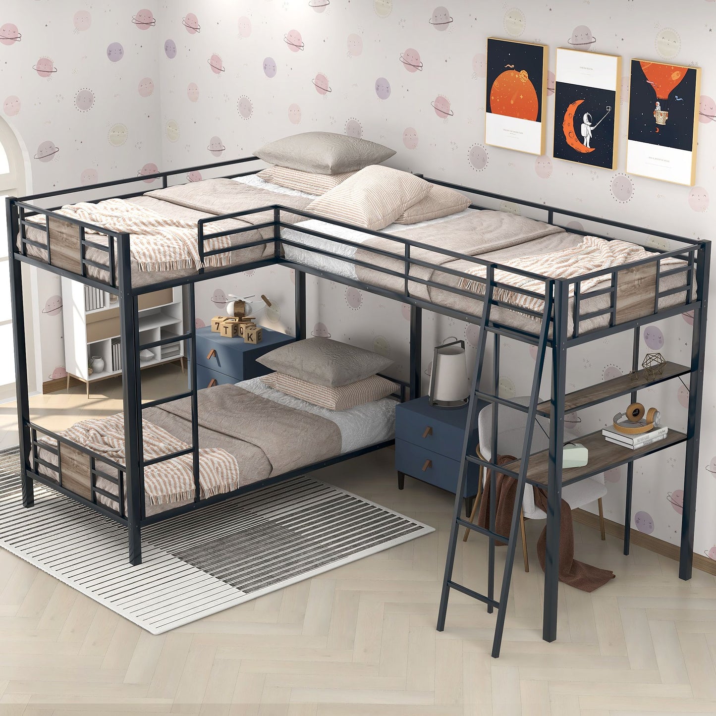 L Shape Bunk Bed Twin over Twin Bunk Bed with Desk and Shelf | Twin Bunk Beds for Kids