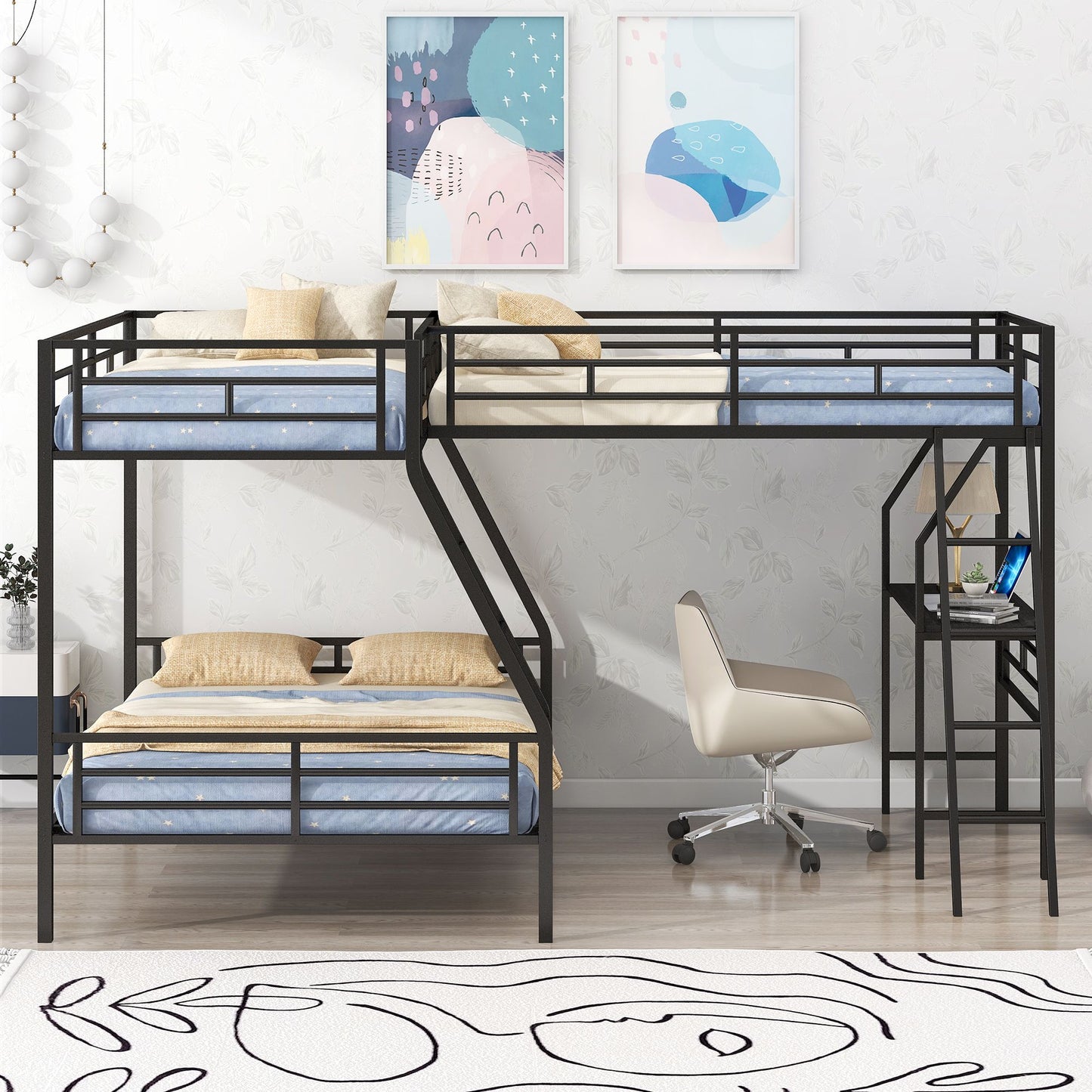 Twin over Full Bunk Bed with Attached Twin Loft Bed and Desk | Twin Bunk Beds for Kids