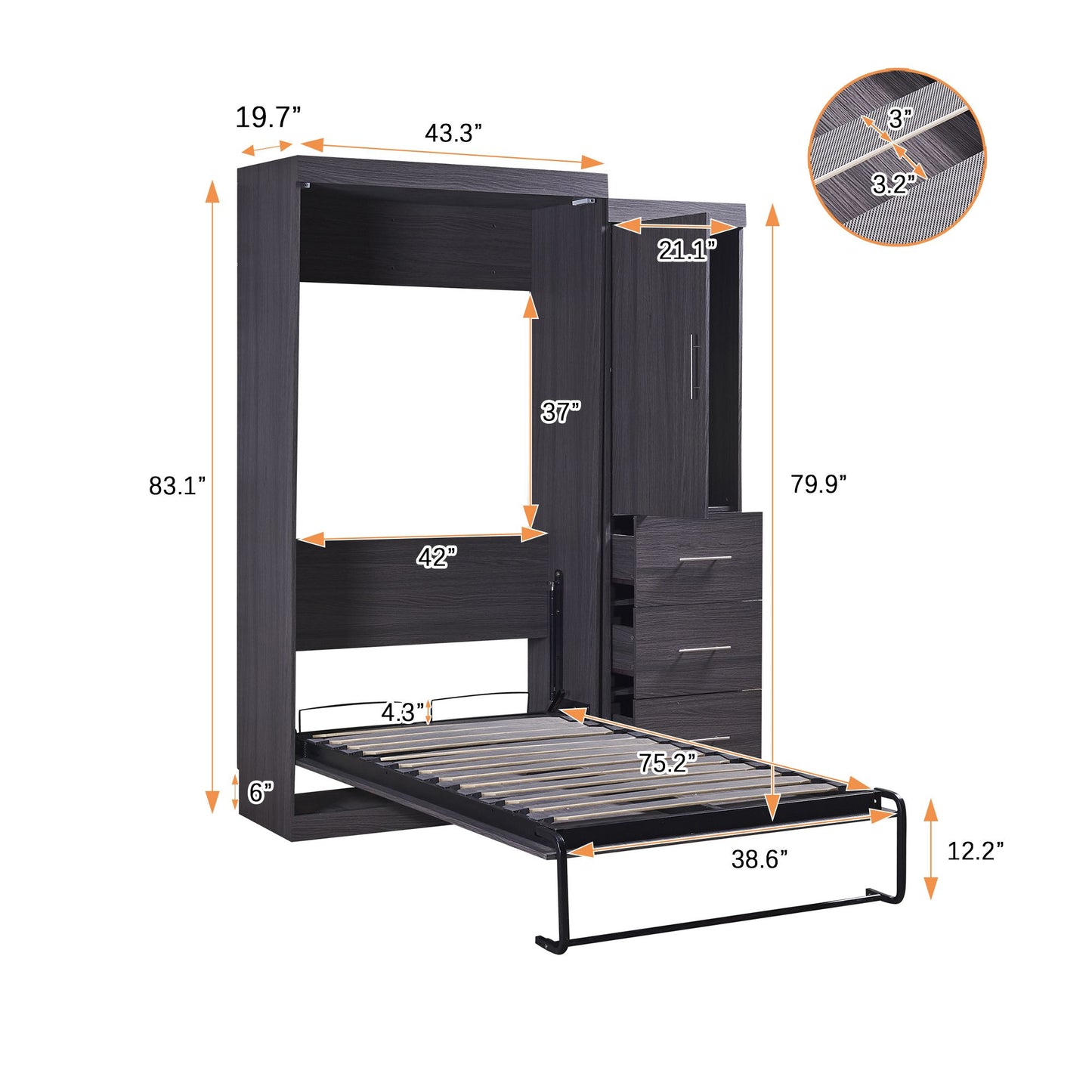 Twin Size Murphy Bed with Wardrobe and Drawers | Murphy Bed for Kids