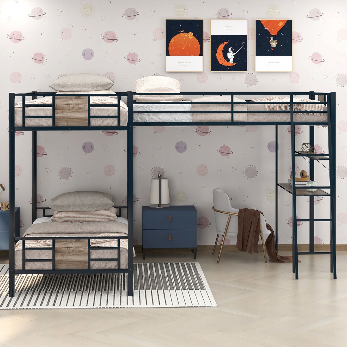 L Shape Bunk Bed Twin over Twin Bunk Bed with Desk and Shelf | Twin Bunk Beds for Kids