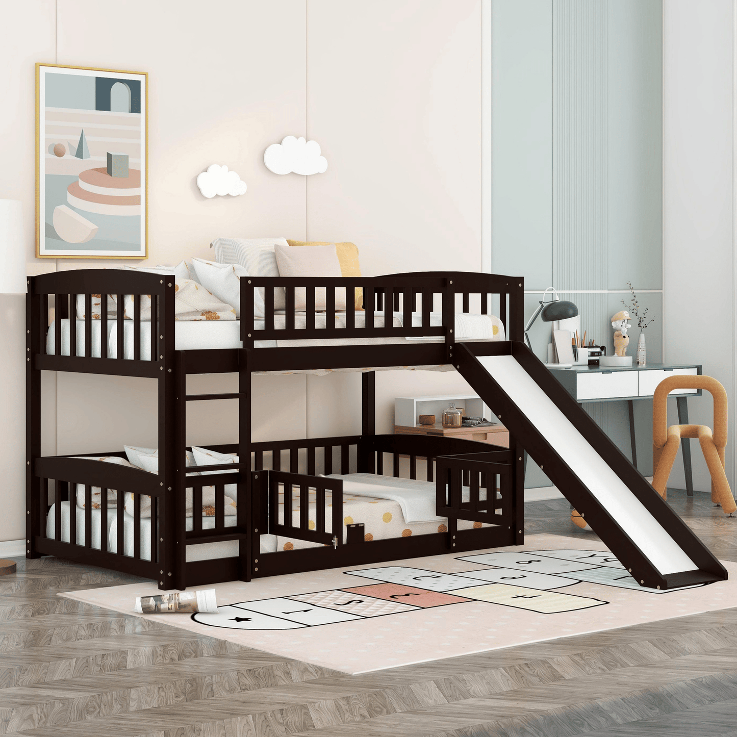 Twin Over Twin Low Bunk Bed with Fence and Ladder for Toddler Kids Teens