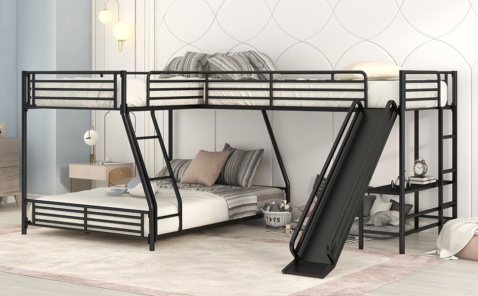 L-Shaped Twin over Full Bunk Bed with Twin Size Loft Bed | Built-in Desk and Slide | Twin Bunk Beds for Kids