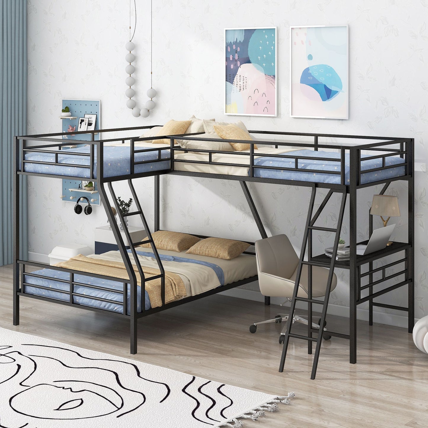 Twin over Full Bunk Bed with Attached Twin Loft Bed and Desk | Twin Bunk Beds for Kids