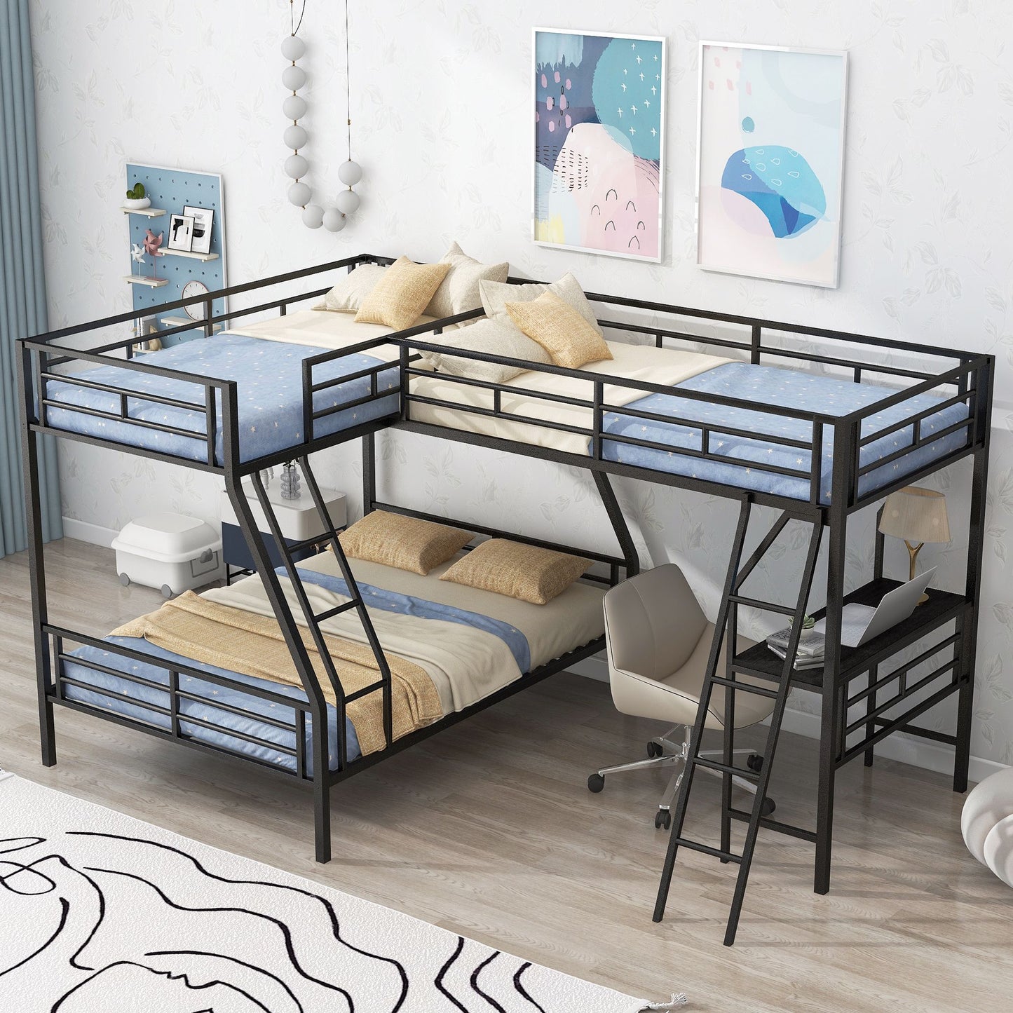 Twin over Full Bunk Bed with Attached Twin Loft Bed and Desk | Twin Bunk Beds for Kids