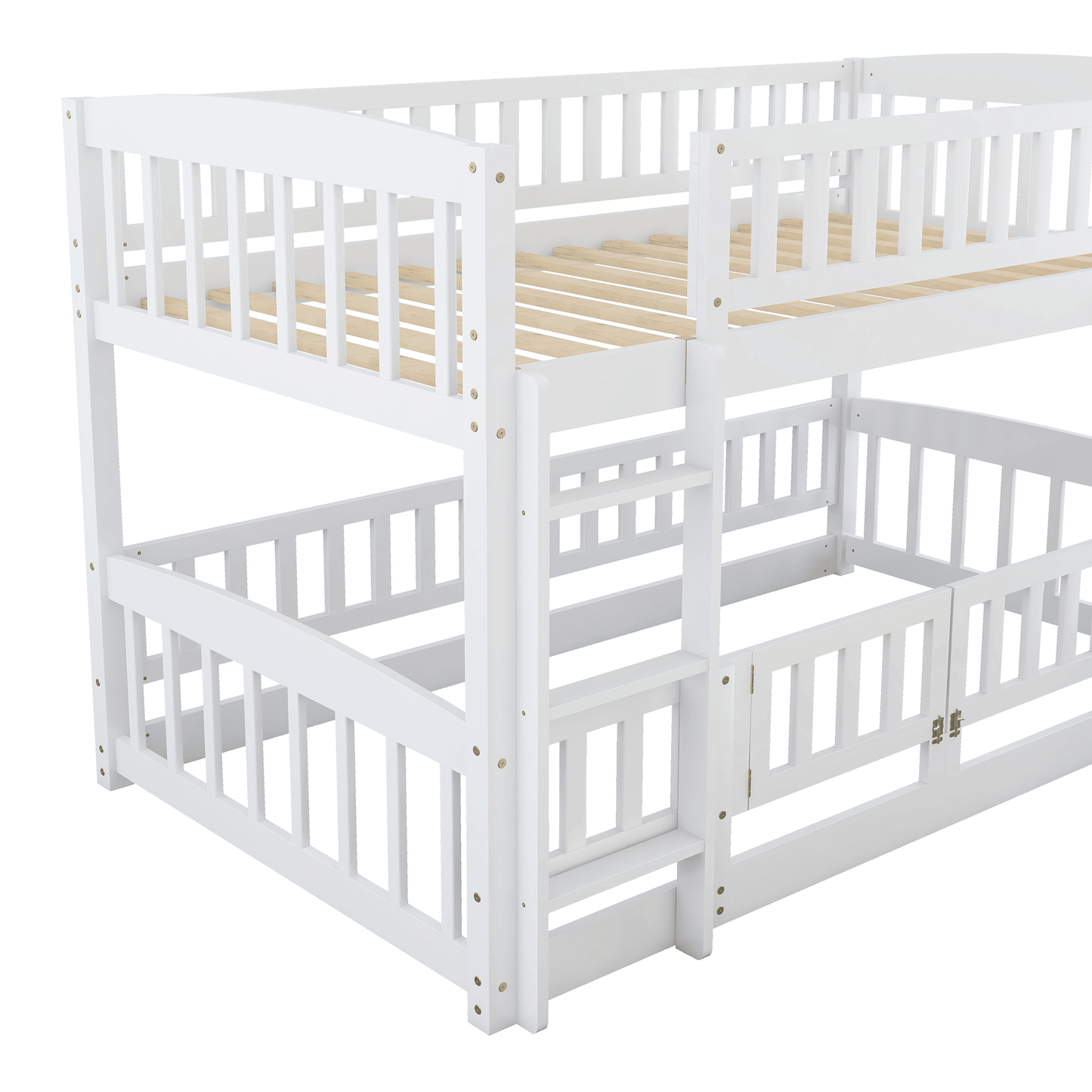 Twin Over Twin Low Bunk Bed with Fence and Ladder for Toddler Kids Teens