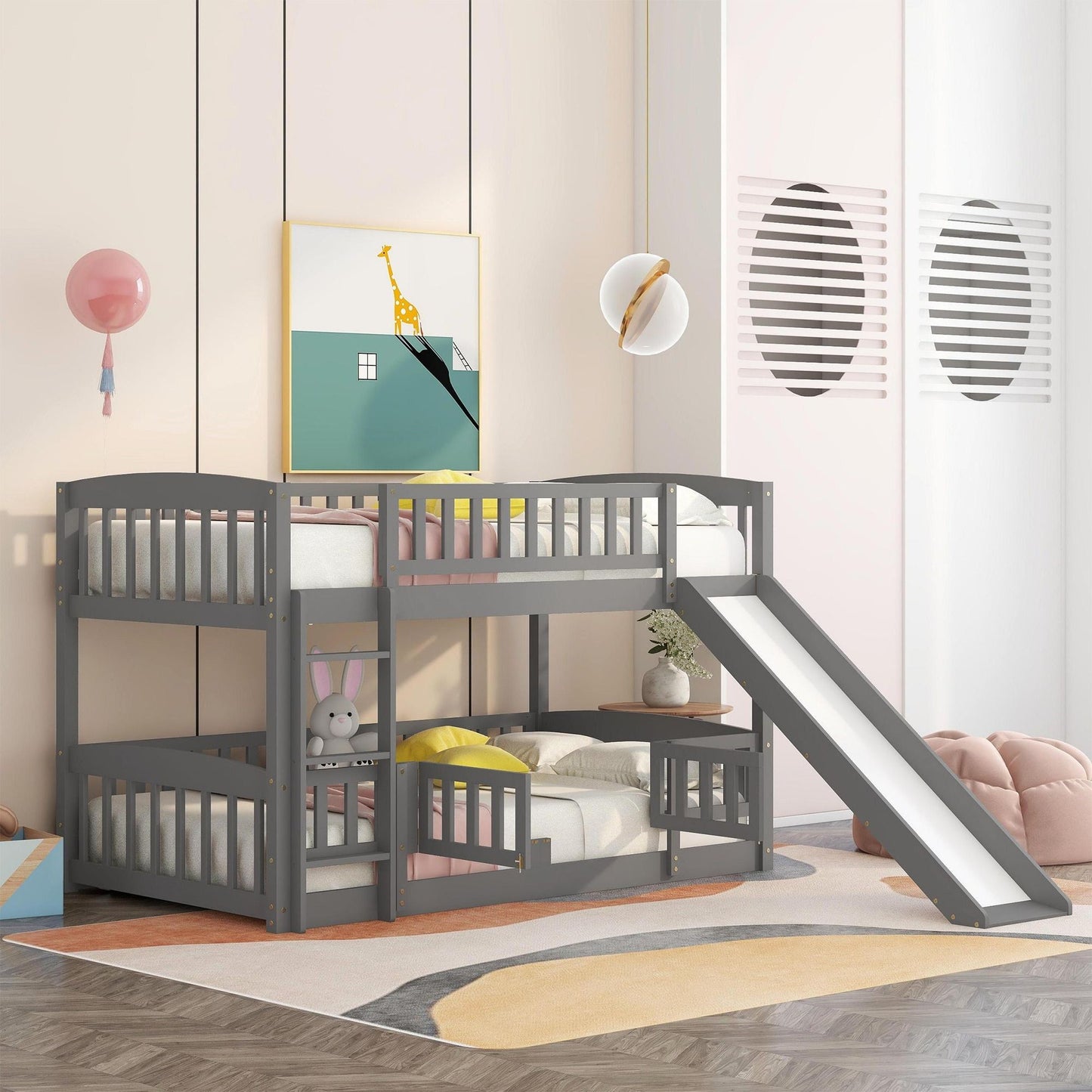 Twin Over Twin Low Bunk Bed with Fence and Ladder for Toddler Kids Teens