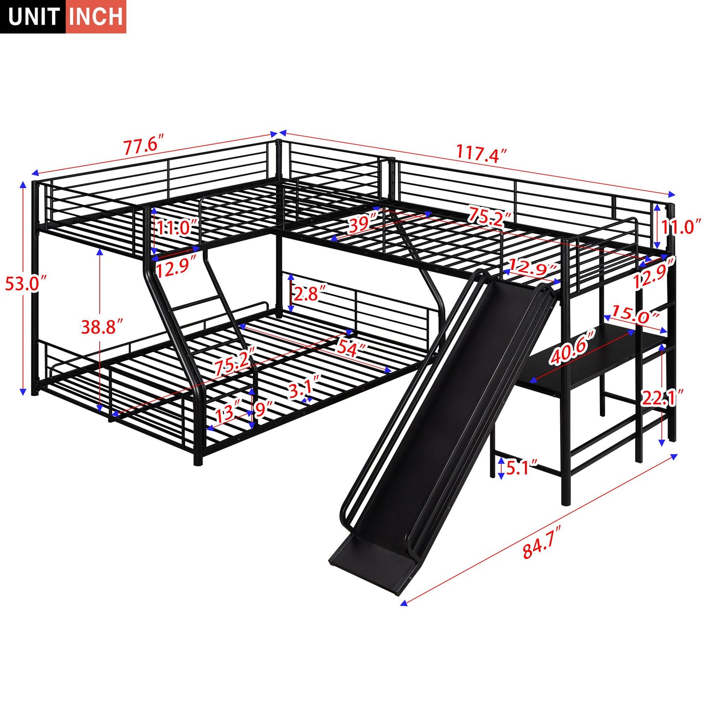 L-Shaped Twin over Full Bunk Bed with Twin Size Loft Bed | Built-in Desk and Slide | Twin Bunk Beds for Kids