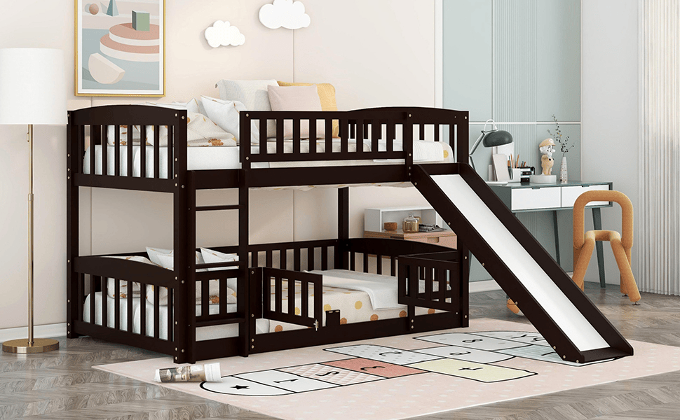 Twin Over Twin Low Bunk Bed with Fence and Ladder for Toddler Kids Teens