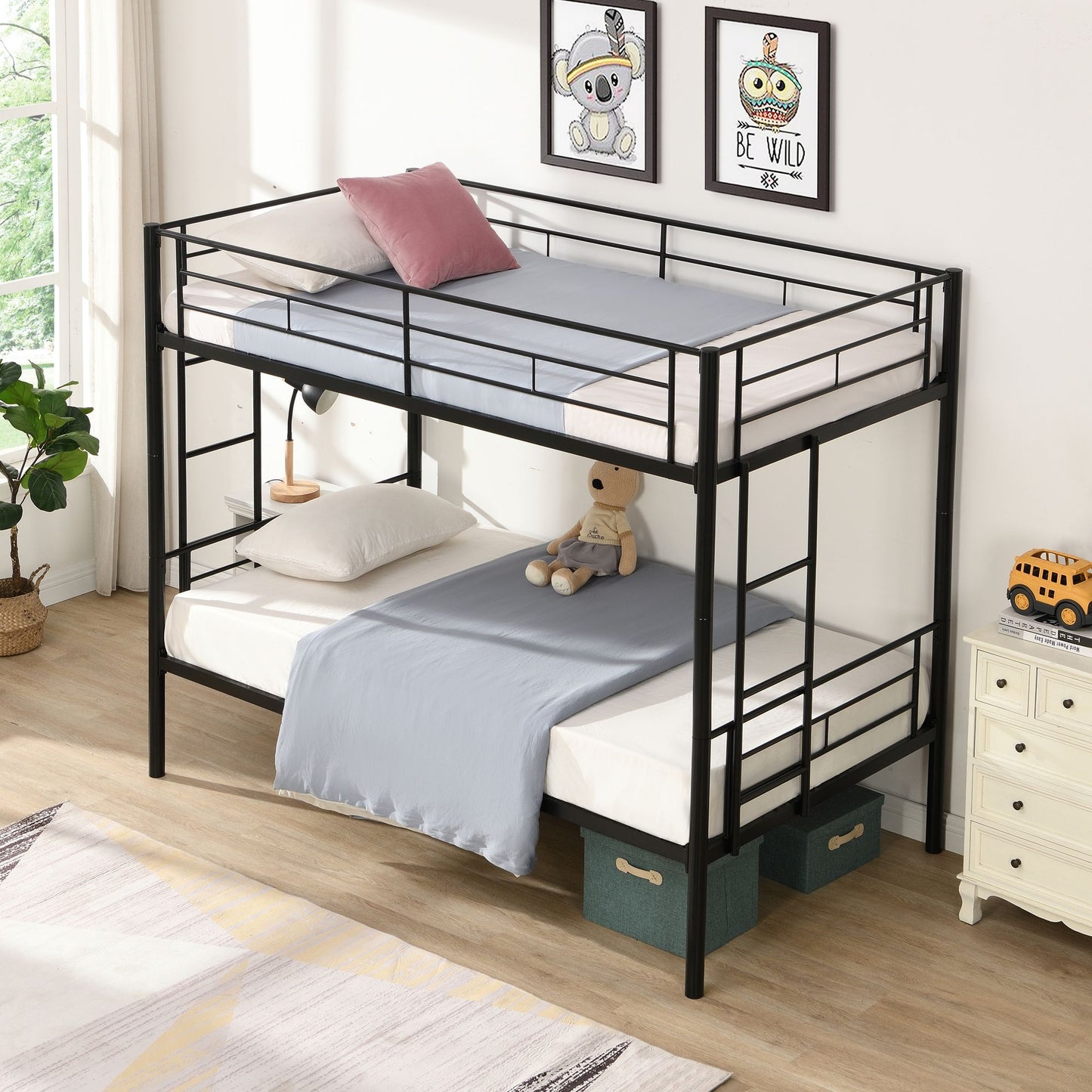 Bunk Bed Twin Over Twin Size with 2 Ladders and Full-Length Guardrail | Twin Bunk Beds for Kids