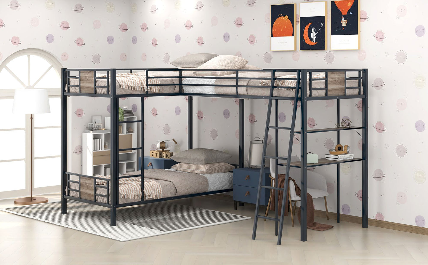 L Shape Bunk Bed Twin over Twin Bunk Bed with Desk and Shelf | Twin Bunk Beds for Kids