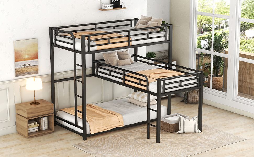 L-shaped Metal Triple Twin Size Bunk Bed | Twin Bunk Beds for Kids