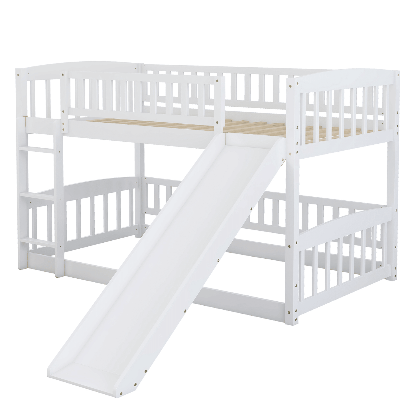 Twin Over Twin Low Bunk Bed with Fence and Ladder for Toddler Kids Teens