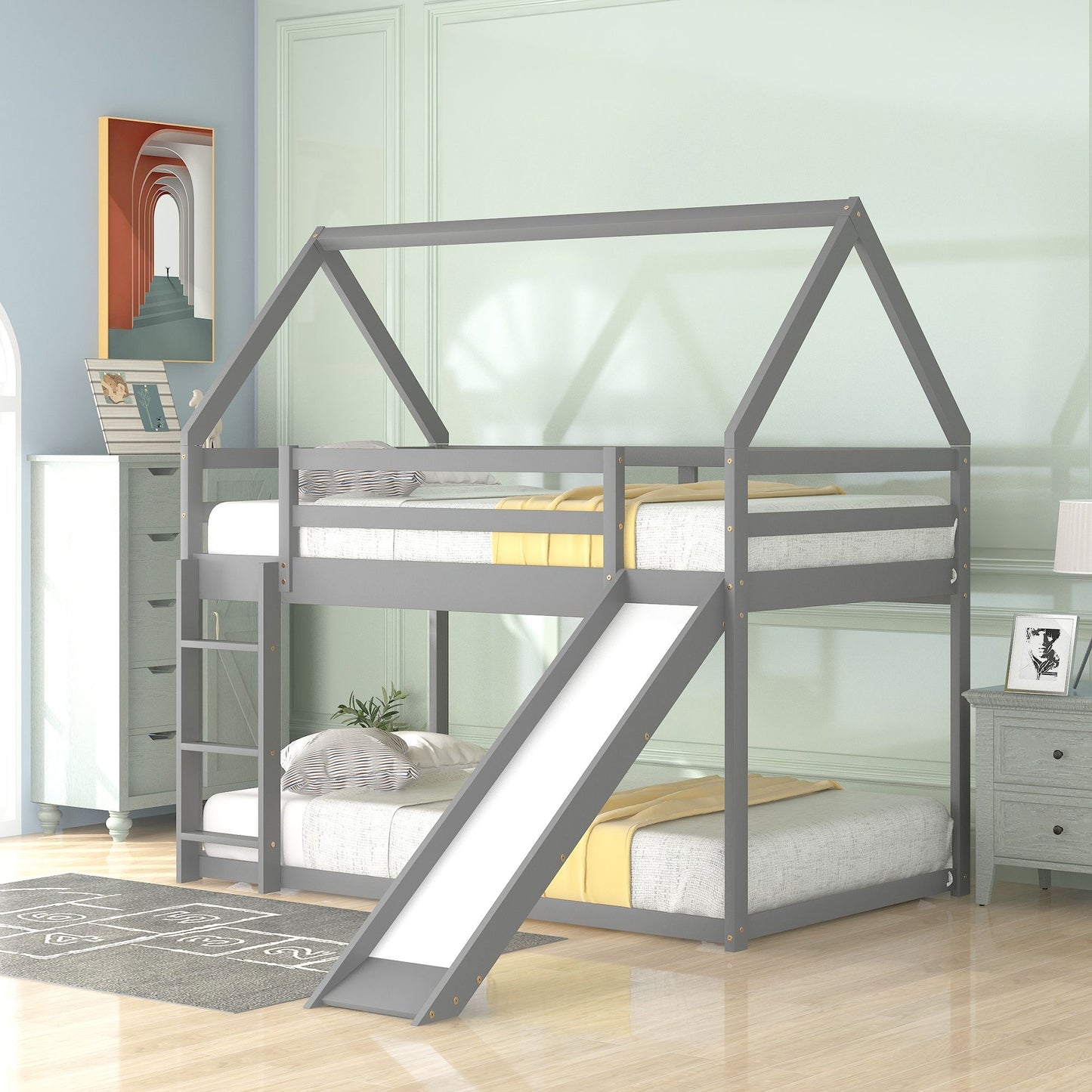 Twin Over Twin Low Bunk Bed with Ladder | Twin Bunk Beds for Kids